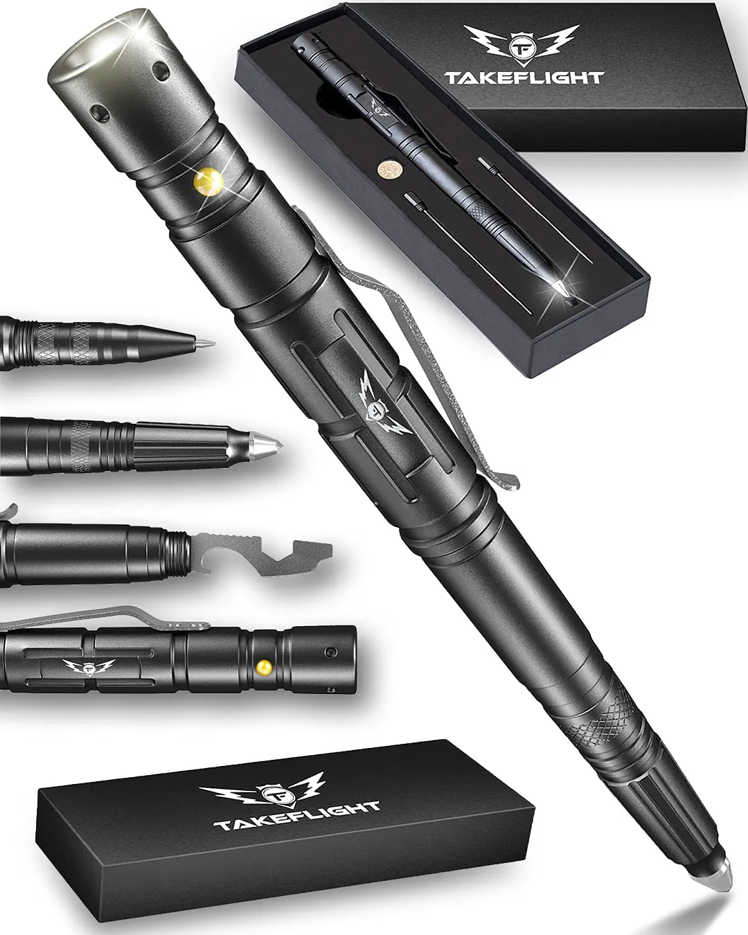Rynx | TAKEFLIGHT Tactical Pen Survival Gear – Aviation Grade Aluminum LED Tactical Flashlight Multitool – Sturdy, Lightweight EDC Pen Survival Tool – Glass Breaker, Corkscrew, Screwdriver, Gift Box