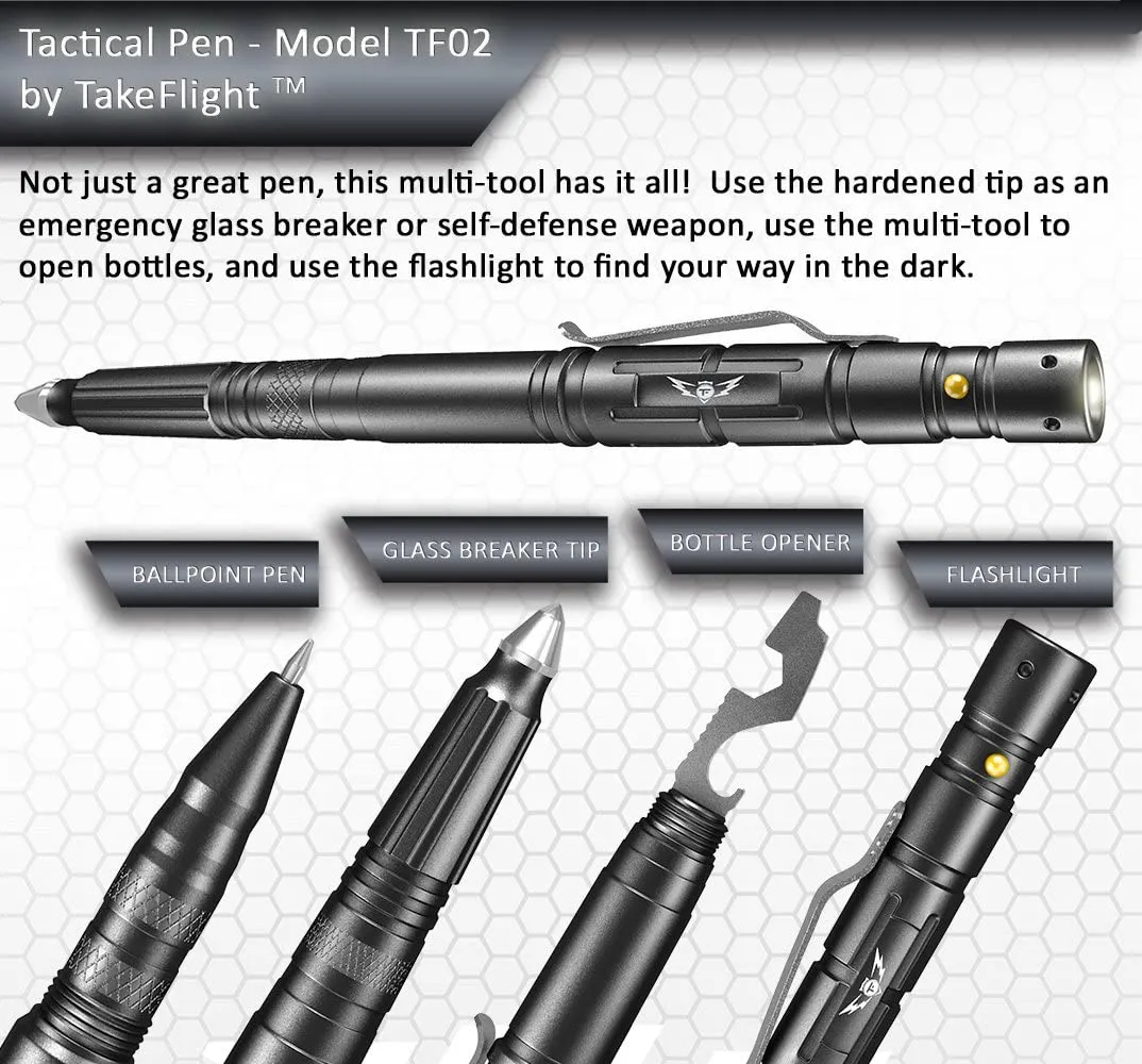 Rynx | TAKEFLIGHT Tactical Pen Survival Gear – Aviation Grade Aluminum LED Tactical Flashlight Multitool – Sturdy, Lightweight EDC Pen Survival Tool – Glass Breaker, Corkscrew, Screwdriver, Gift Box