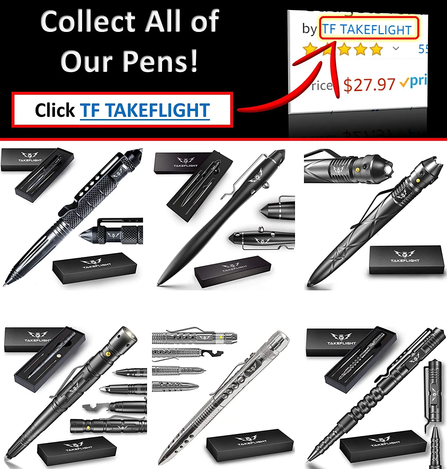 Rynx | TAKEFLIGHT Tactical Pen Survival Gear – Aviation Grade Aluminum LED Tactical Flashlight Multitool – Sturdy, Lightweight EDC Pen Survival Tool – Glass Breaker, Corkscrew, Screwdriver, Gift Box