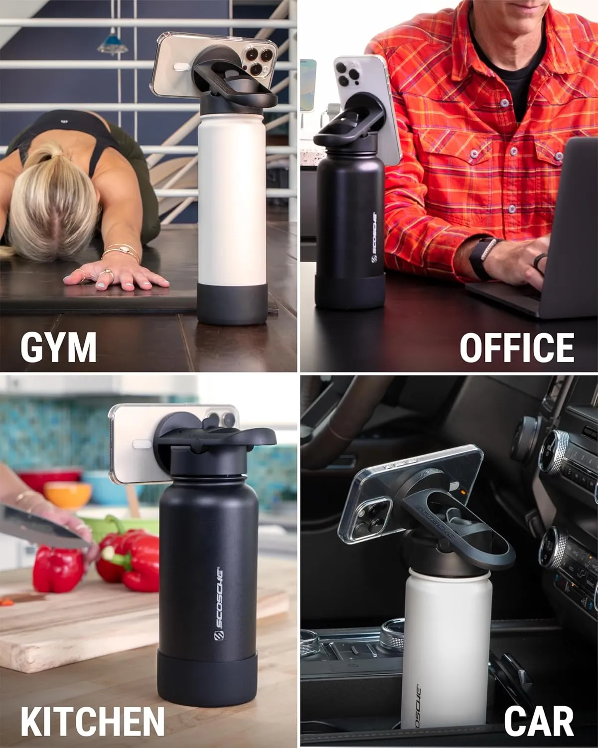 Scosche MFMS32 MagicMount Flask 32 oz Stainless Steel Water Bottle with MagSafe Phone Mount Stand, 12H Hot & 24H Cold, Insulated Flask with Magnetic Phone Holder for Gym, Travel, Sports, 32oz Black