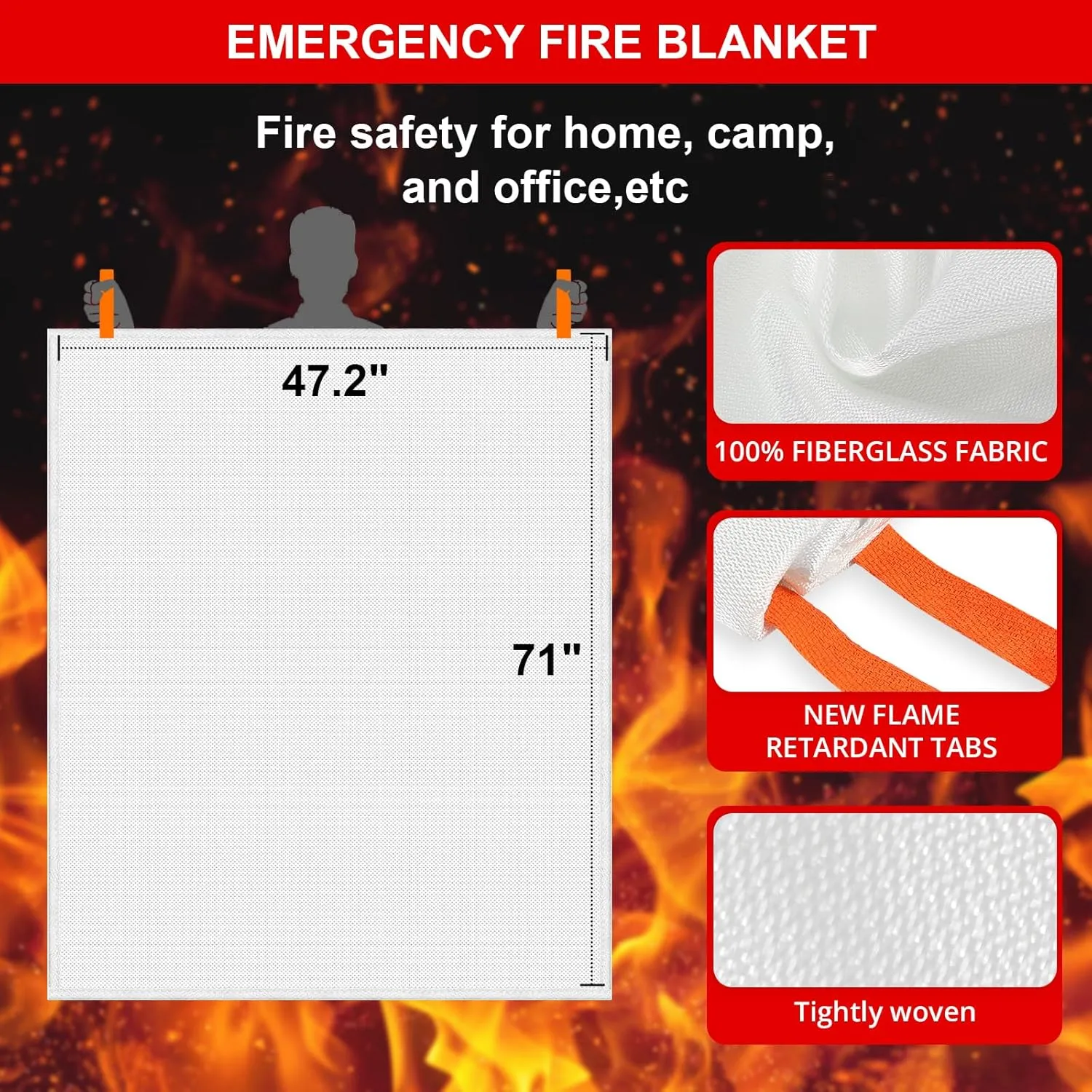 SecuCaptain Emergency Fire Blanket for Home - 2 Pack 47.2"x71" X-Large Flame Retardant Blankets with Fireproof Tabs for House Camping Kitchen Fire Protection Survival Safety