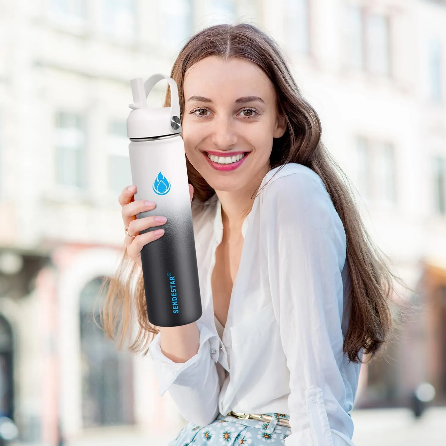 SENDESTAR Water Bottle 40oz Double Wall Vacuum Insulated Leak Proof Stainless Steel Sports Water Bottle—Wide Mouth with New Flex Straw Lid & Spout Lid (Day&Night)