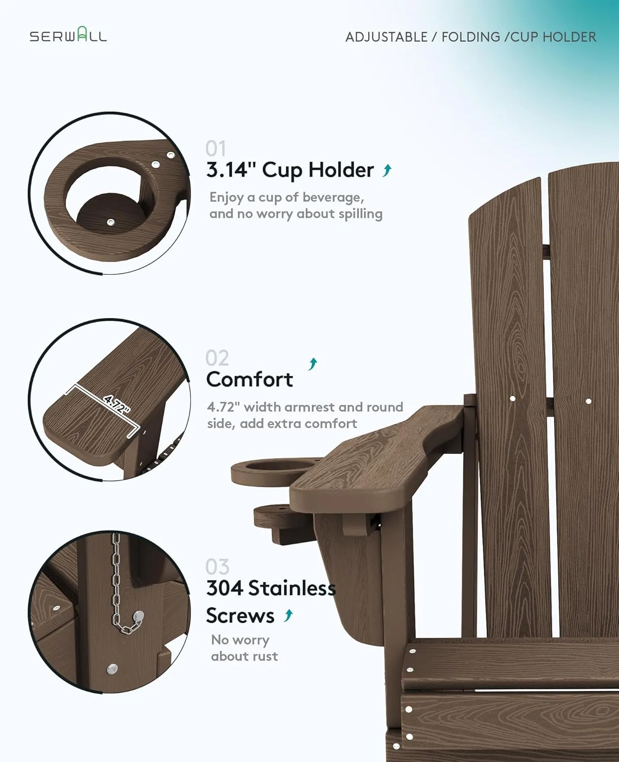 SERWALL Folding Adirondack Chair, Adirondack Outdoor Chair with Cup Holder, Adjustable Adirondack Chair with 3 Recline Positions, All Weather HDPE Outdoor Adirondack, Coffee