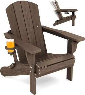SERWALL Folding Adirondack Chair, Adirondack Outdoor Chair with Cup Holder, Adjustable Adirondack Chair with 3 Recline Positions, All Weather HDPE Outdoor Adirondack, Coffee
