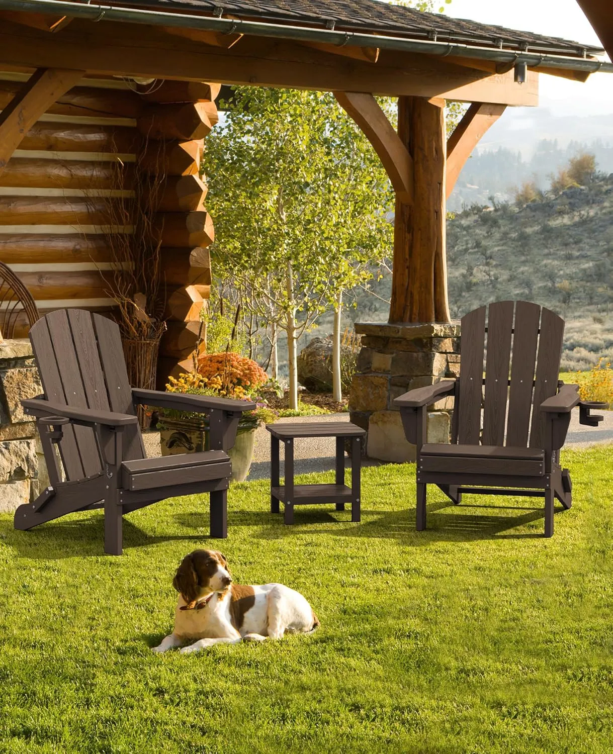 SERWALL Folding Adirondack Chair, Adirondack Outdoor Chair with Cup Holder, Adjustable Adirondack Chair with 3 Recline Positions, All Weather HDPE Outdoor Adirondack, Coffee