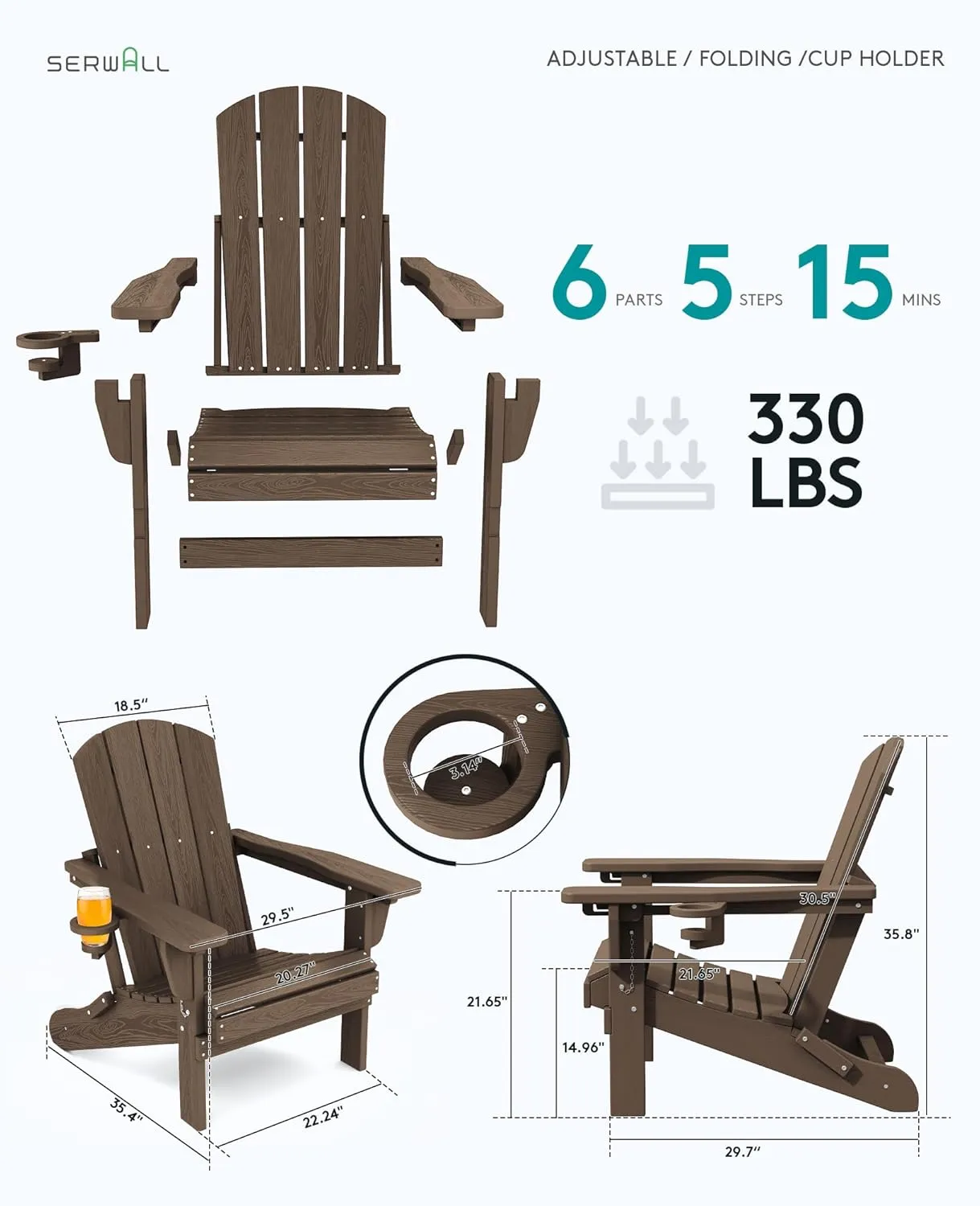 SERWALL Folding Adirondack Chair, Adirondack Outdoor Chair with Cup Holder, Adjustable Adirondack Chair with 3 Recline Positions, All Weather HDPE Outdoor Adirondack, Coffee