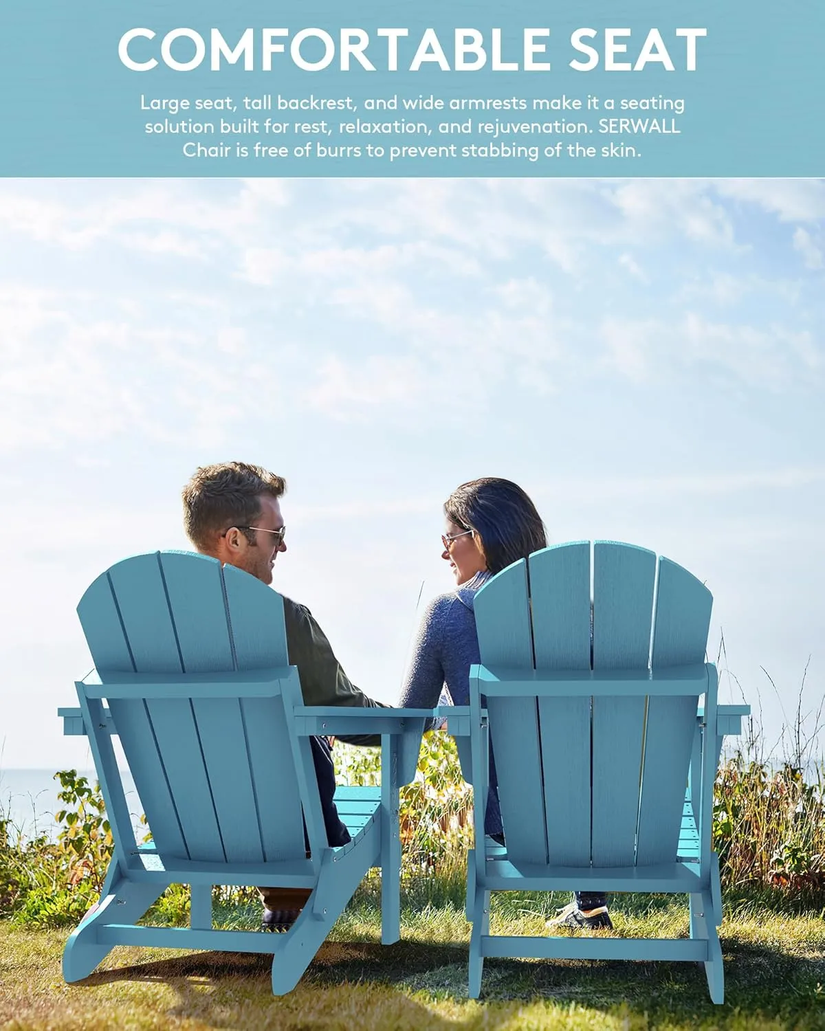 SERWALL Folding Adirondack Chair Outdoor Adirondack Chairs Weather Resistant Patio Chair - Light Blue