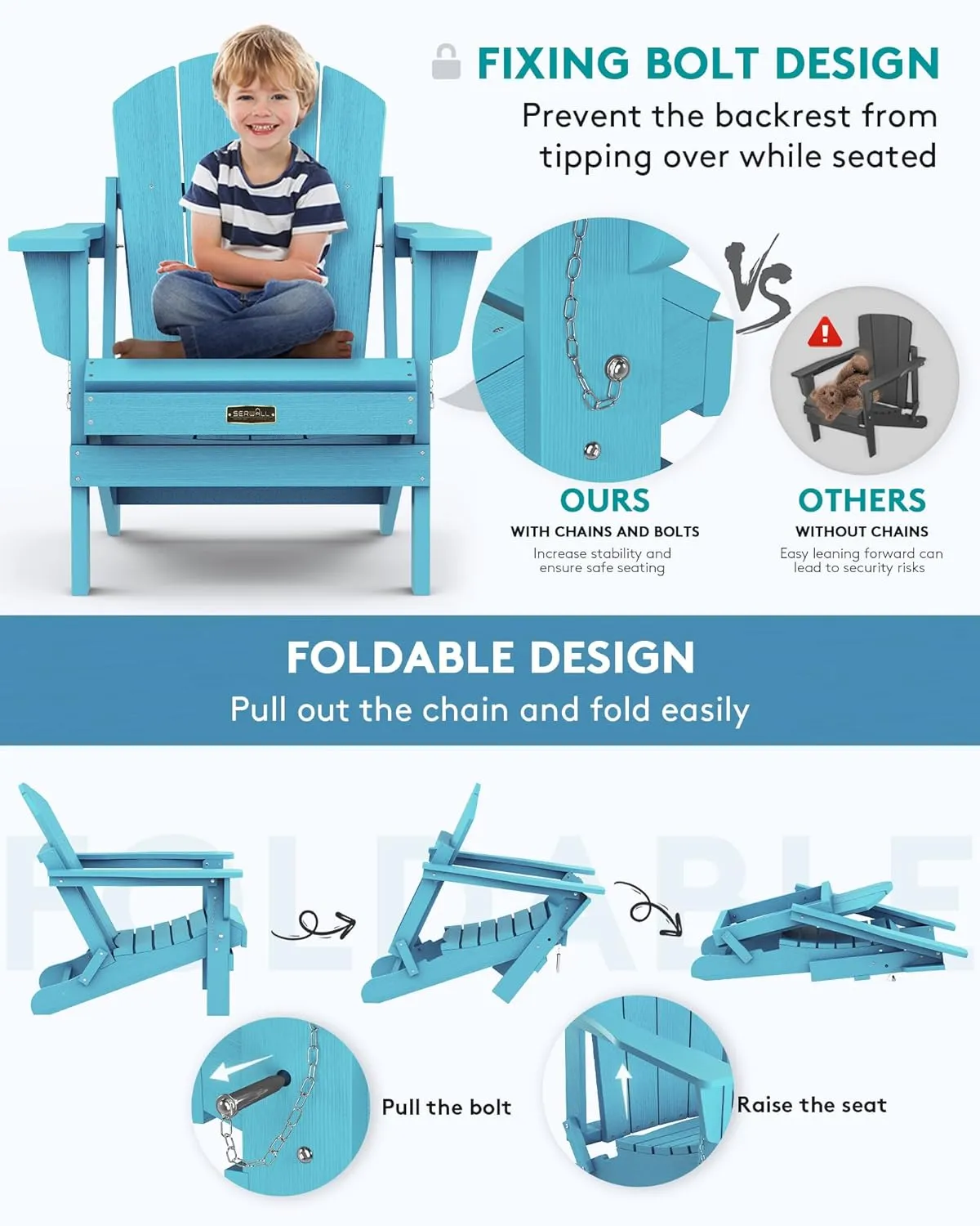 SERWALL Folding Adirondack Chair Outdoor Adirondack Chairs Weather Resistant Patio Chair - Light Blue