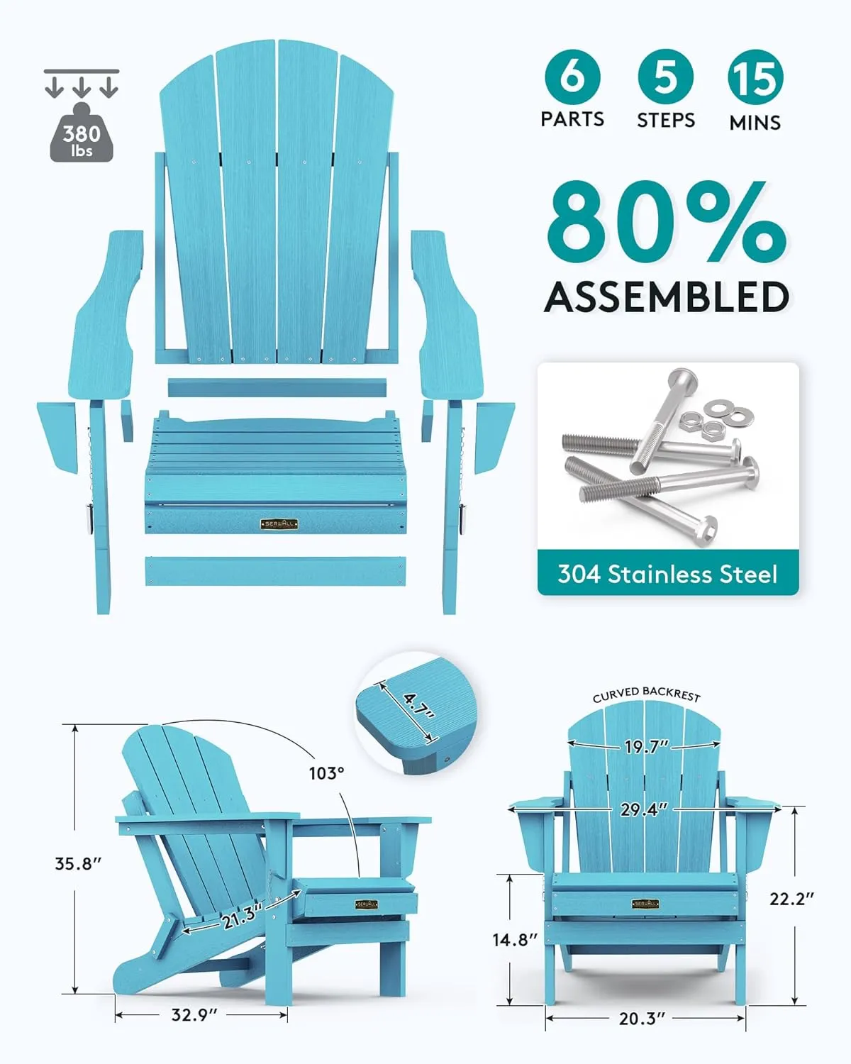 SERWALL Folding Adirondack Chair Outdoor Adirondack Chairs Weather Resistant Patio Chair - Light Blue