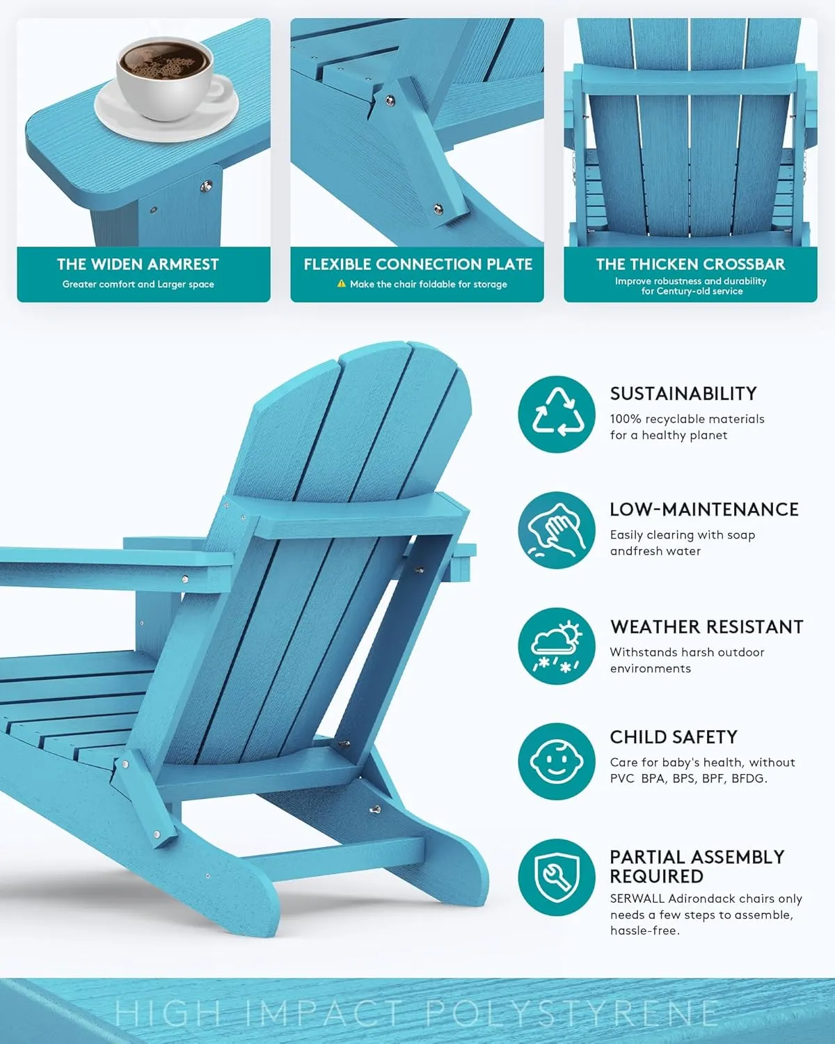 SERWALL Folding Adirondack Chair Outdoor Adirondack Chairs Weather Resistant Patio Chair - Light Blue