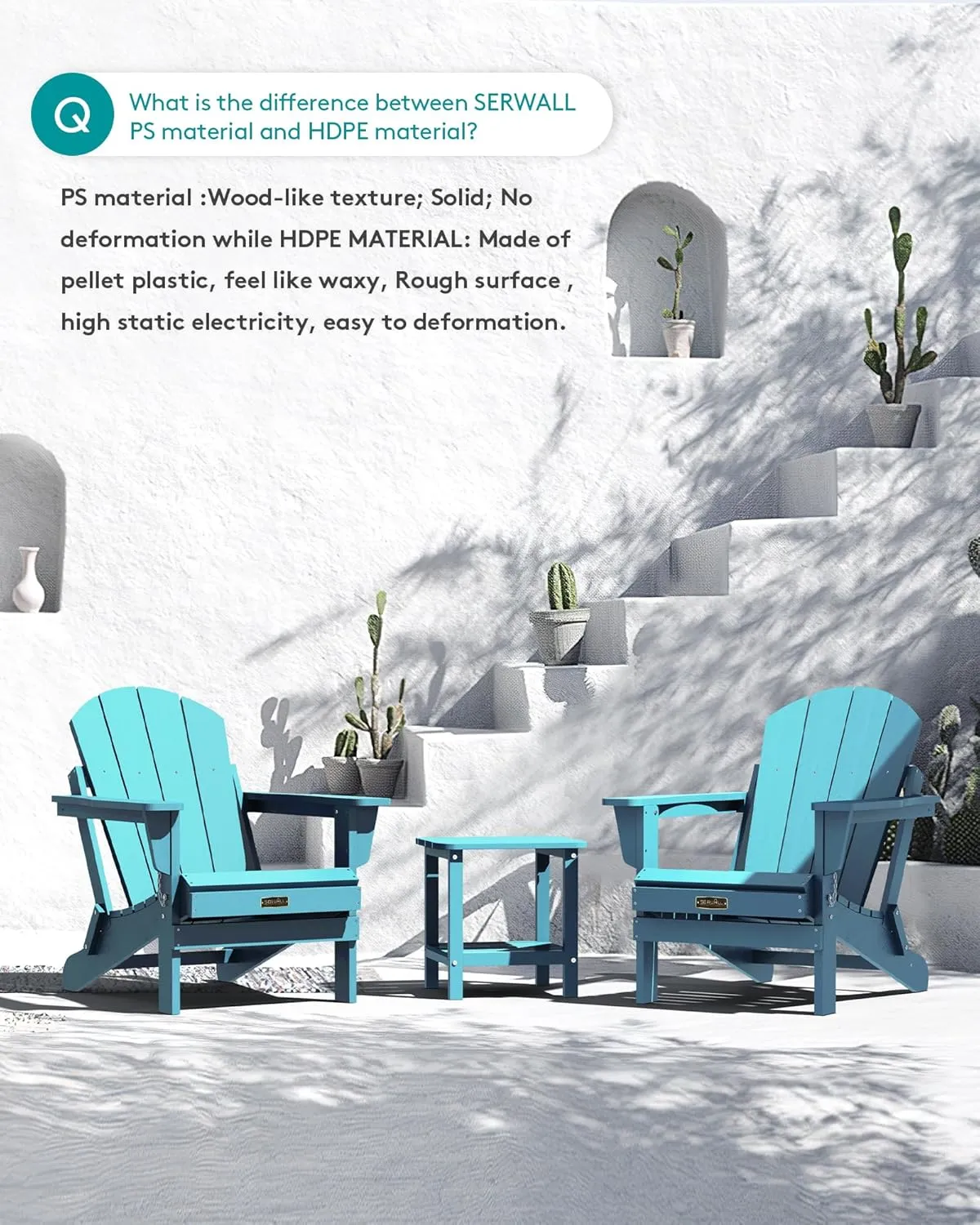 SERWALL Folding Adirondack Chair Outdoor Adirondack Chairs Weather Resistant Patio Chair - Light Blue