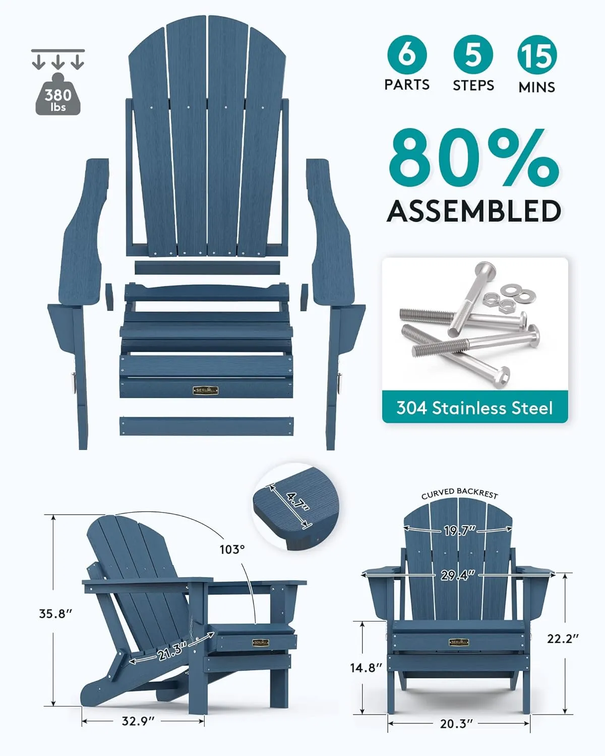 SERWALL Folding Adirondack Chairs Weather Resistant for Outdoor, Patio, Lawn, Garden, Backyard Deck, Fire Pit - Blue