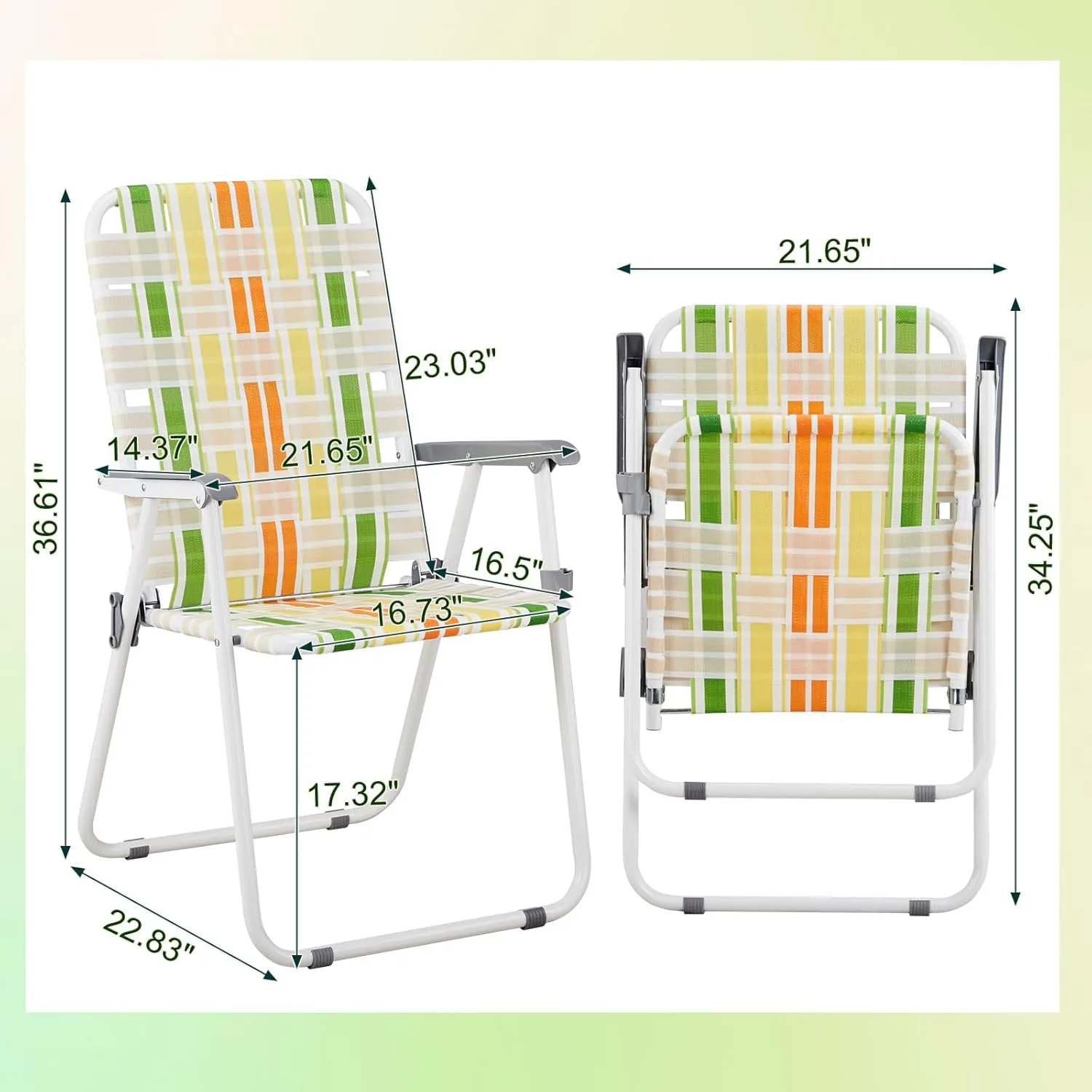 Set of 2 Patio Folding Lawn Chair, Outdoor Beach Portable Camping Chair, Webbed Folding Chair for Yard, Garden,Light Green