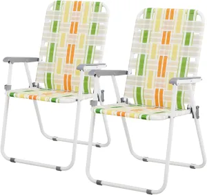 Set of 2 Patio Folding Lawn Chair, Outdoor Beach Portable Camping Chair, Webbed Folding Chair for Yard, Garden,Light Green