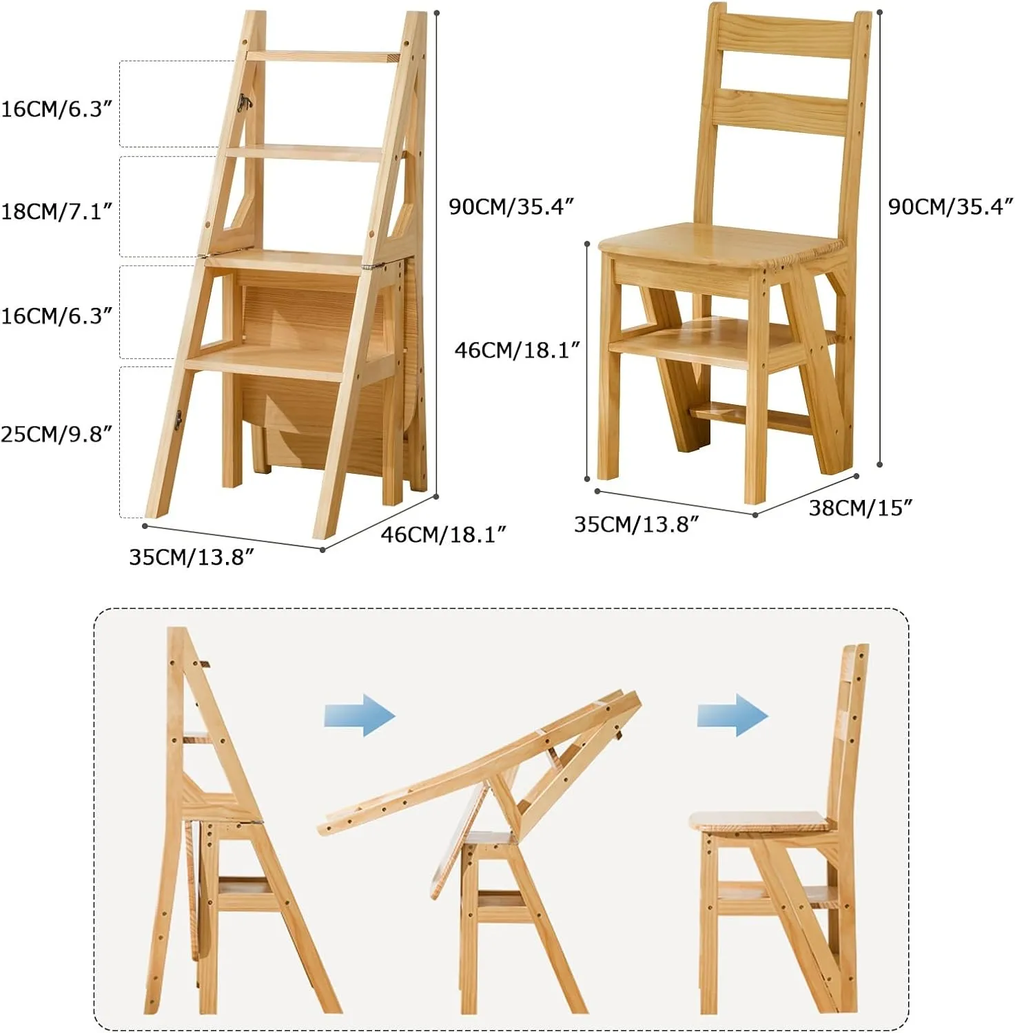 SHU Household Multifunctional Solid Wood Ladder Chair Folding Portable Stair Chair 4 Steps Pedal Ladder Flower Stand (Color : A)