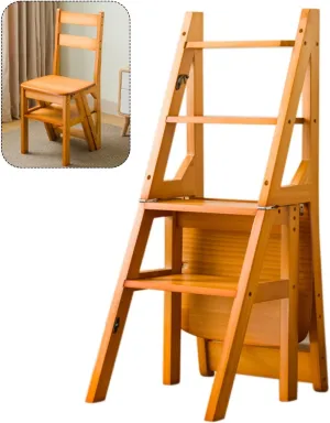SHU Household Multifunctional Solid Wood Ladder Chair Folding Portable Stair Chair 4 Steps Pedal Ladder Flower Stand (Color : A)