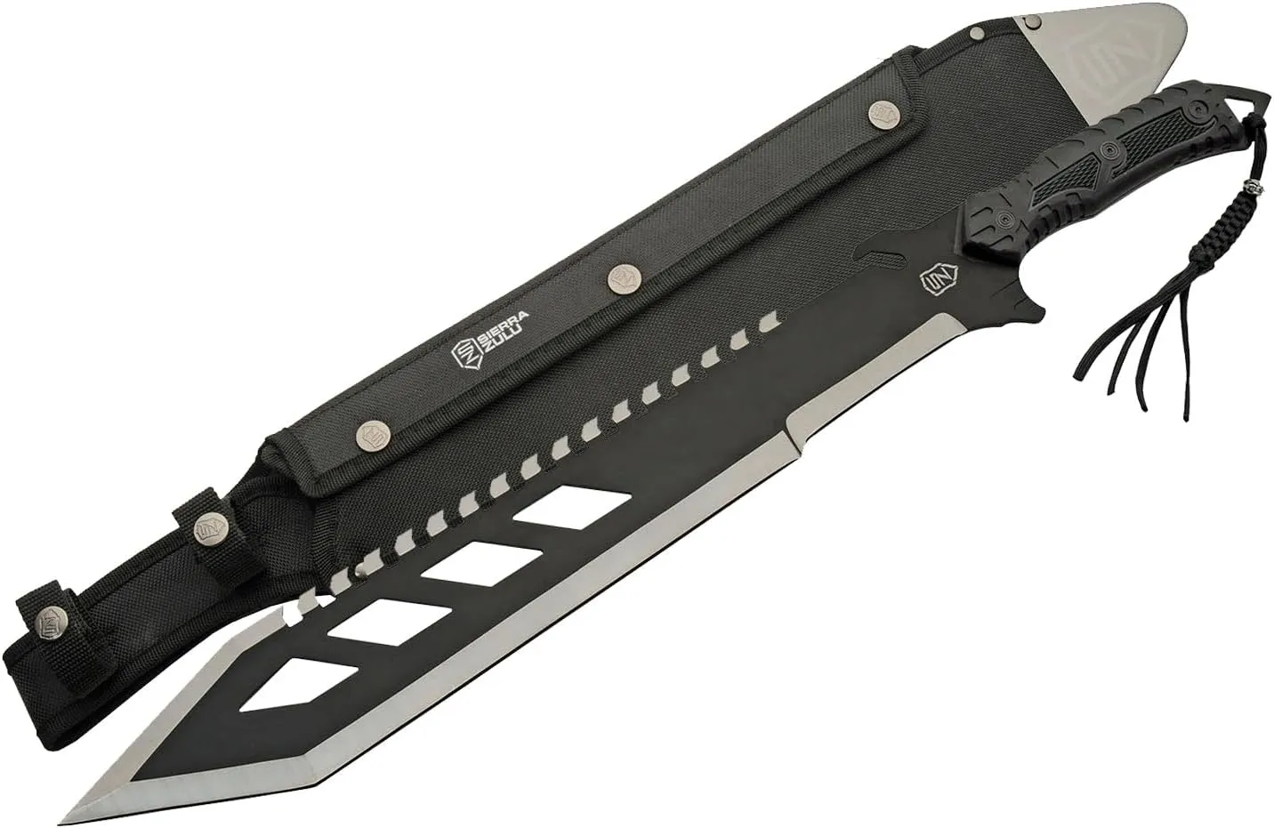 Sierra Zulu Trident Machete - Stainless Steel, 24.0 inches Overall, Modified Tanto Blade with Saw Tooth Back Edge - Tactical Nylon Sheath with Reversible Wear Strap