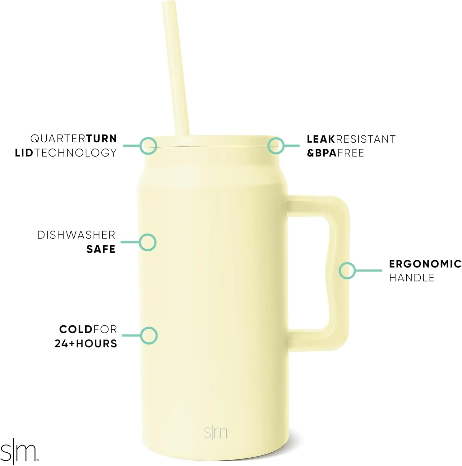 Simple Modern 50 oz Mug Tumbler with Handle and Straw Lid | Reusable Insulated Stainless Steel Large Travel Jug Water Bottle | Gifts for Women Men Him Her | Trek Collection | 50oz | Buttercup