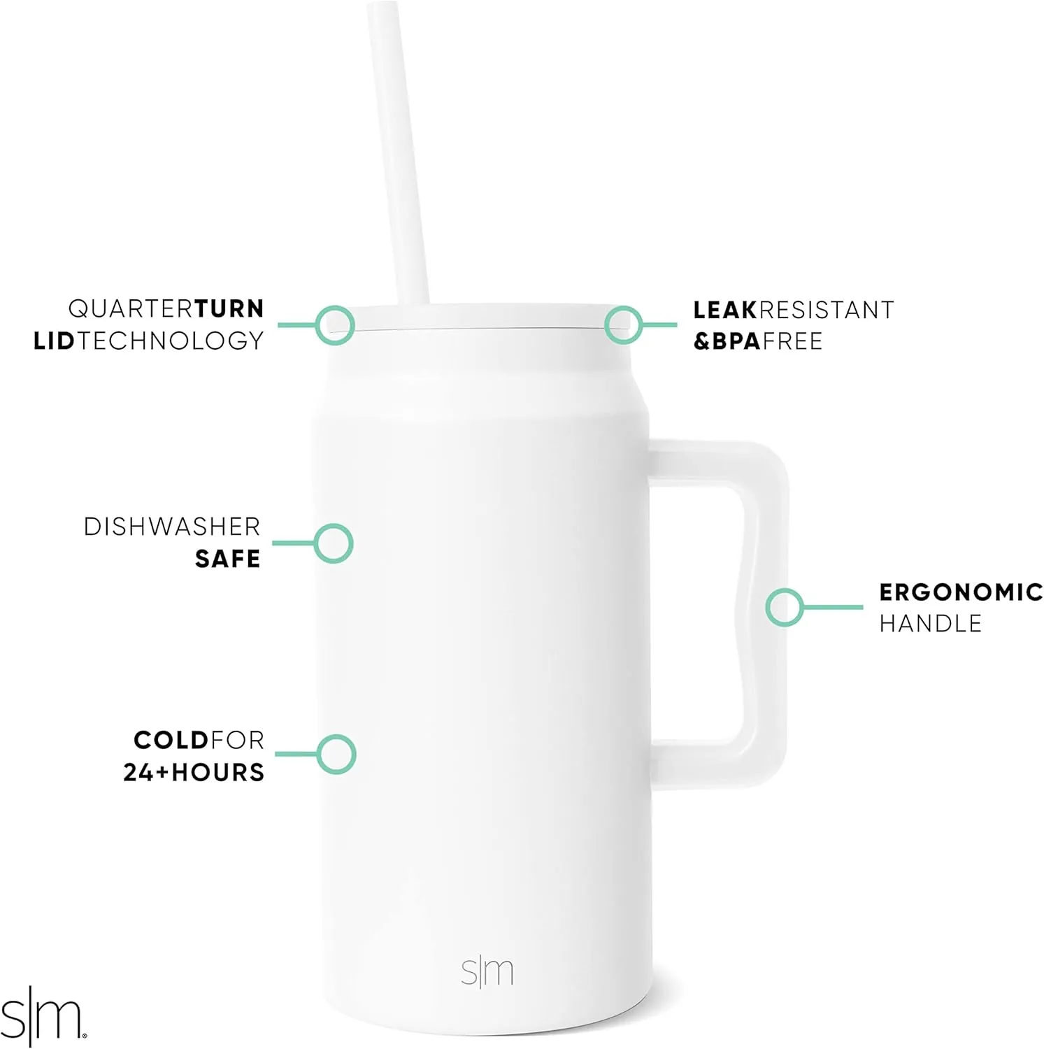 Simple Modern 50 oz Mug Tumbler with Handle and Straw Lid | Reusable Insulated Stainless Steel Large Travel Jug Water Bottle Gifts for Women Men Him Her Trek Collection 50oz Winter White