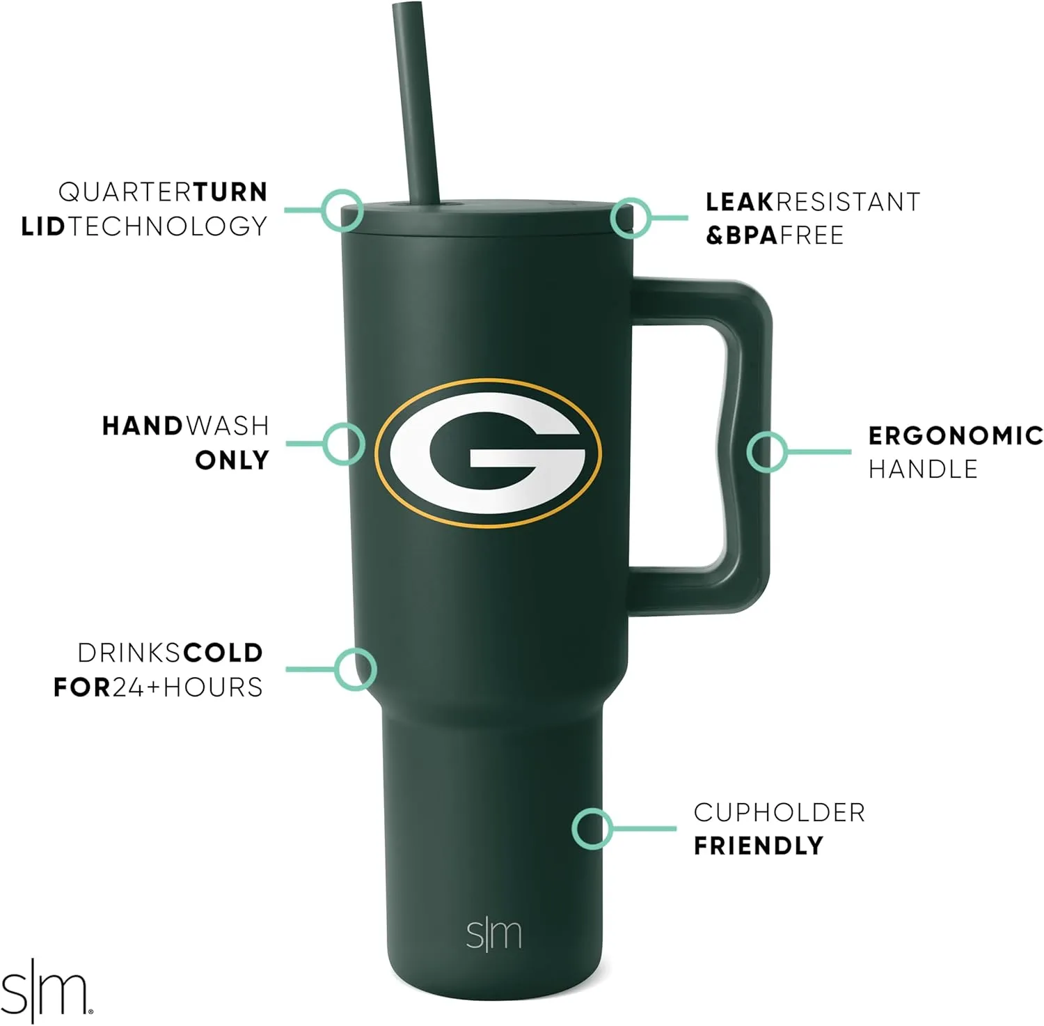 Simple Modern Officially Licensed NFL Green Bay Packers 40oz Tumbler with Handle and Straw Lid | Football Insulated Cup Stainless Steel | Gifts for Men, Women | Trek Collection | Green Bay Packers