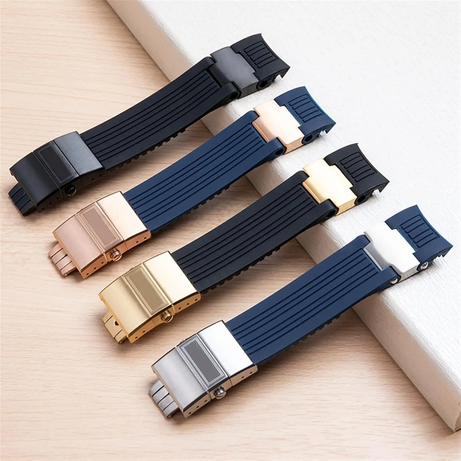 SKM 22x20mm Diver and Marine Waterproof Soft Silicone Rubber Watchband Wrist Watch Band Belt for Ulysse Nardin Strap Folding Buckle (Color : Blue Rose Link, Size : 22MM)