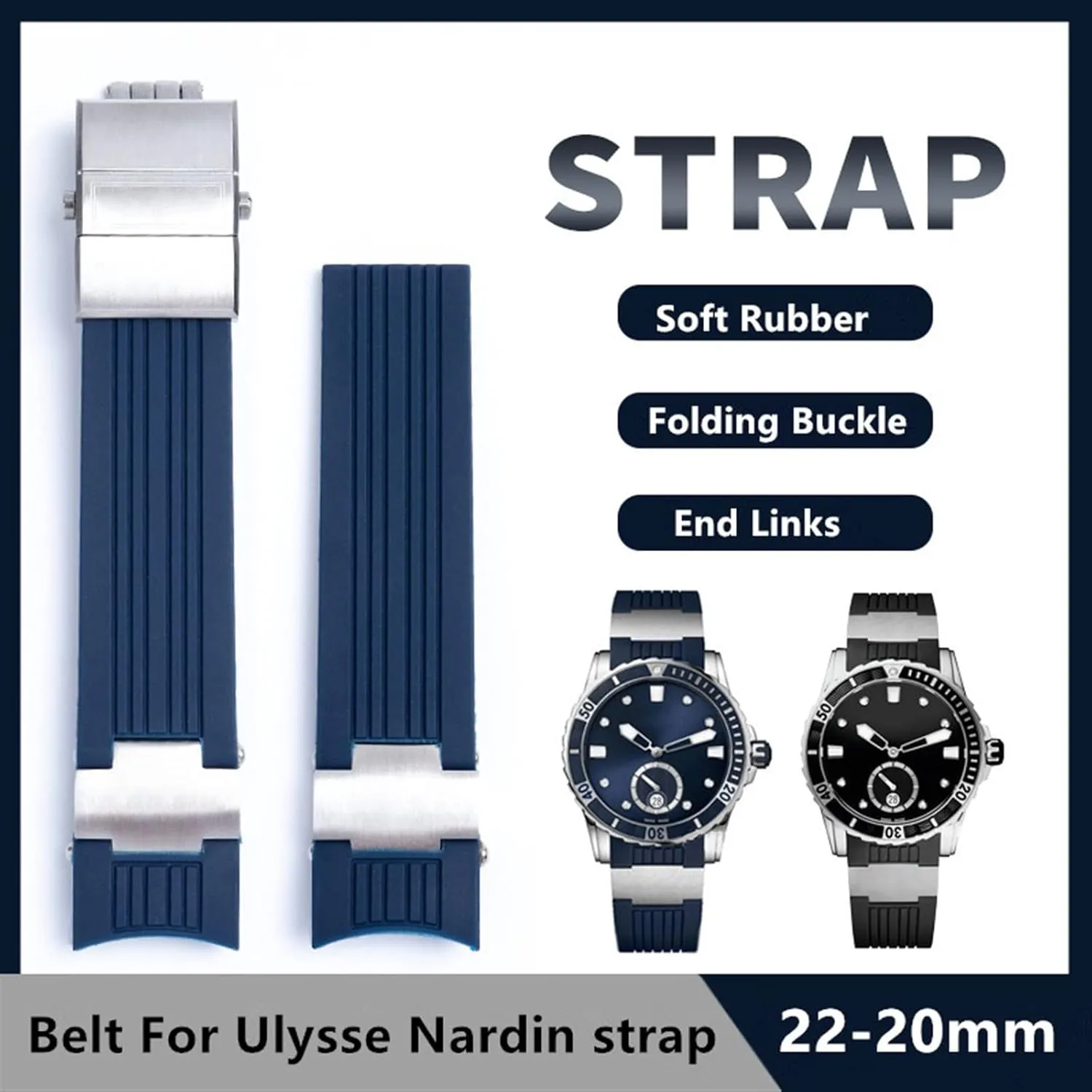 SKM 22x20mm Diver and Marine Waterproof Soft Silicone Rubber Watchband Wrist Watch Band Belt for Ulysse Nardin Strap Folding Buckle (Color : Blue Rose Link, Size : 22MM)