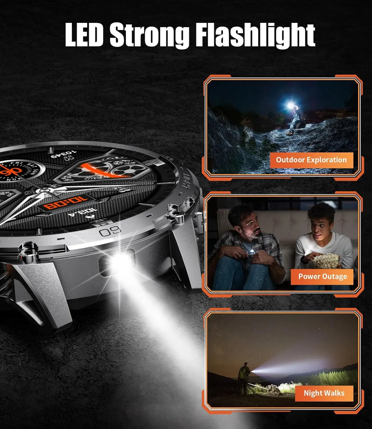 Smart Watch for Men with LED Flashlight(730mAh Battery), 1,75'' AMOLED Large Display Military Smart Watches with 130  Sports, 24/7 Heart Rate/Sleep Monitor IP68 Waterproof for Android iOS Black