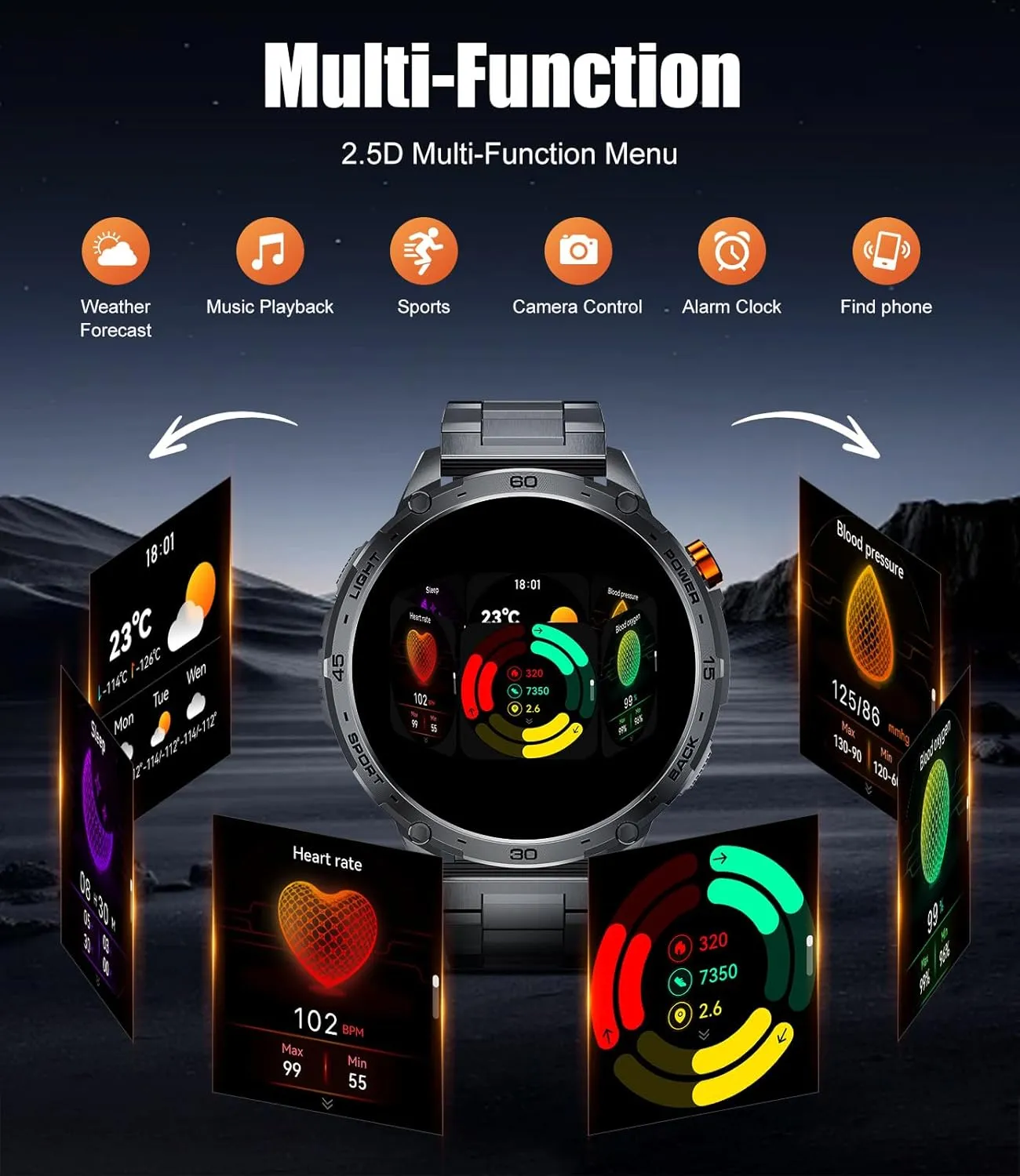 Smart Watch for Men with LED Flashlight(730mAh Battery), 1,75'' AMOLED Large Display Military Smart Watches with 130  Sports, 24/7 Heart Rate/Sleep Monitor IP68 Waterproof for Android iOS Black