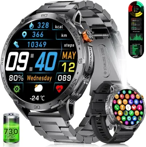 Smart Watch for Men with LED Flashlight(730mAh Battery), 1,75'' AMOLED Large Display Military Smart Watches with 130  Sports, 24/7 Heart Rate/Sleep Monitor IP68 Waterproof for Android iOS Black