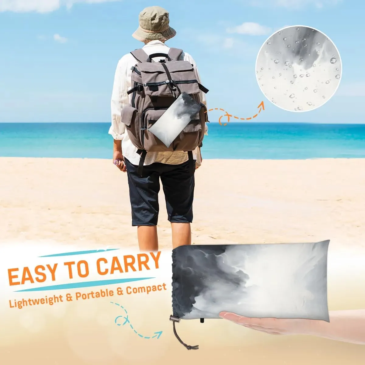 Smoke Beach Blanket, Sandproof Beach Mat, 68 x 59 Waterproof Quick Drying Sand Free Mat with 4 x Ground Spikes for Outdoor Travel Camping Hiking, White Smoke