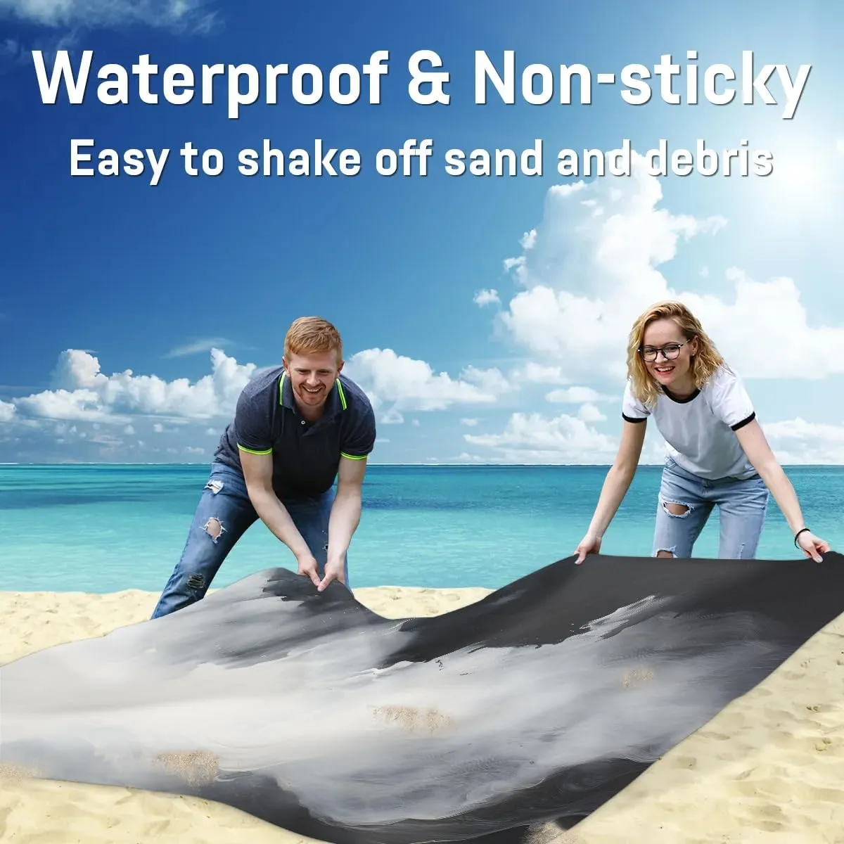 Smoke Beach Blanket, Sandproof Beach Mat, 68 x 59 Waterproof Quick Drying Sand Free Mat with 4 x Ground Spikes for Outdoor Travel Camping Hiking, White Smoke