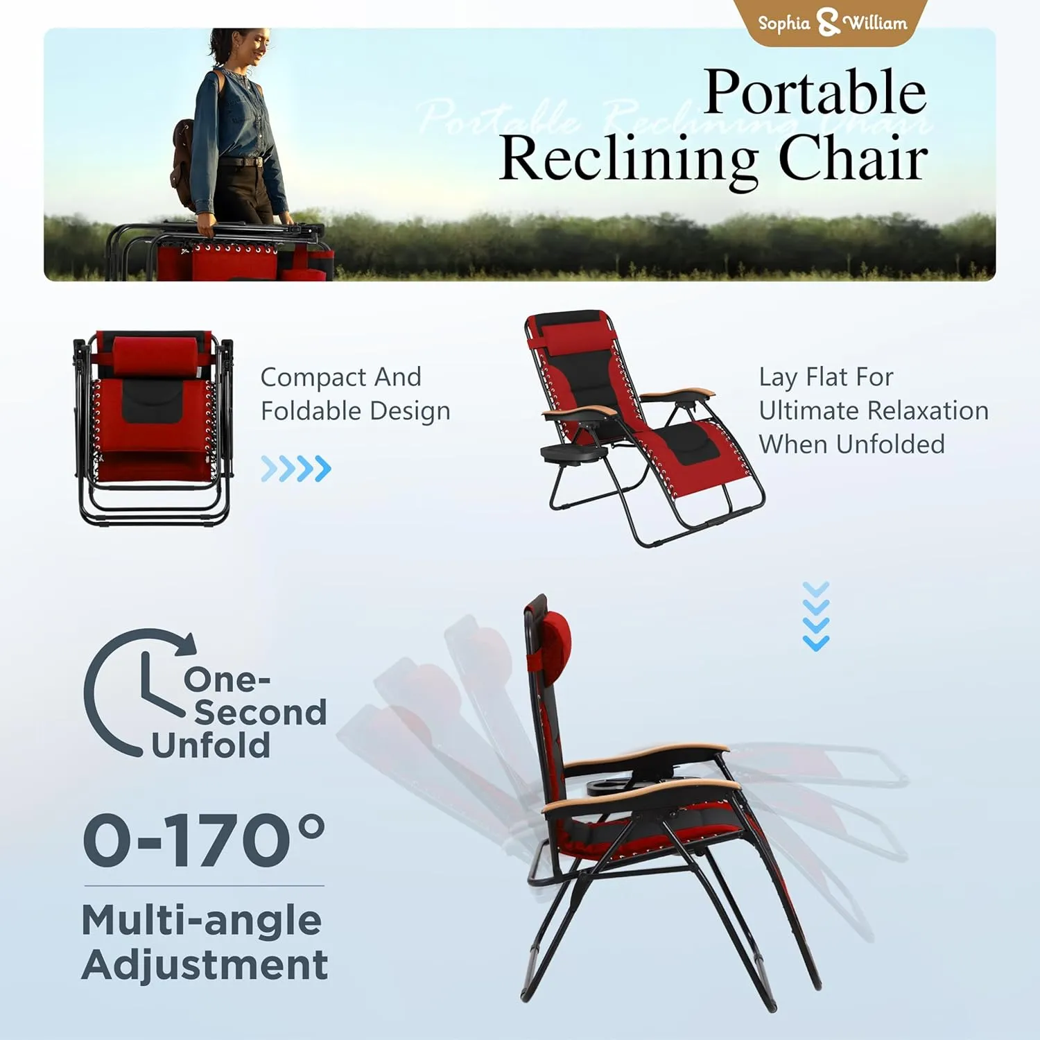 Sophia & William Oversized XL Zero Gravity Recliner Chair Set of 2 Padded Adjustable Folding Reclining Lounge Chair with Wide Armrest and Cup Holder, Support 400 LBS, Red