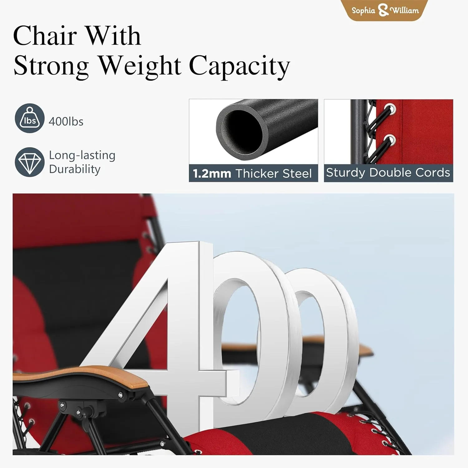 Sophia & William Oversized XL Zero Gravity Recliner Chair Set of 2 Padded Adjustable Folding Reclining Lounge Chair with Wide Armrest and Cup Holder, Support 400 LBS, Red
