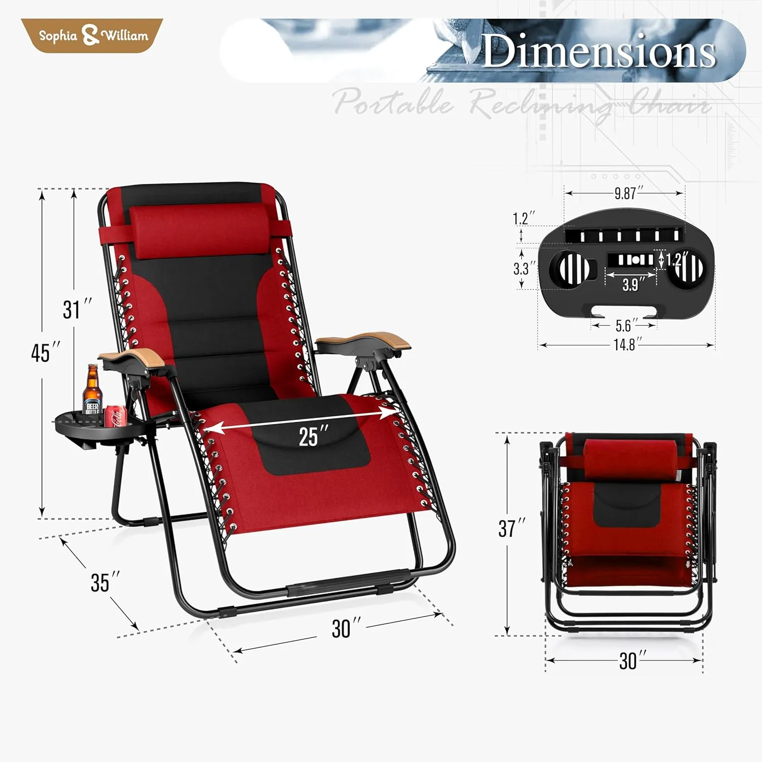 Sophia & William Oversized XL Zero Gravity Recliner Chair Set of 2 Padded Adjustable Folding Reclining Lounge Chair with Wide Armrest and Cup Holder, Support 400 LBS, Red
