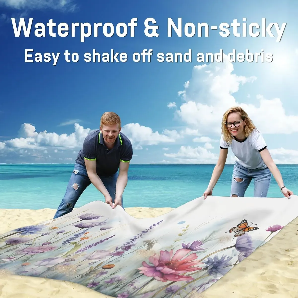 Spring Summer Beach Blanket, Sandproof Beach Mat, 68 x 59 Waterproof Quick Drying Sand Free Mat with 4 x Ground Spikes for Outdoor Travel Camping Hiking, Wildflowers Bloom Flowers