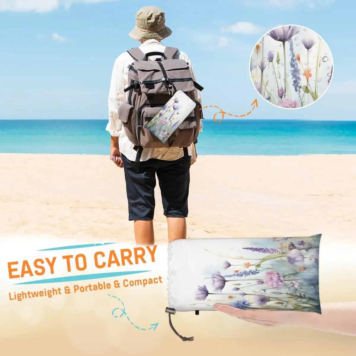 Spring Summer Beach Blanket, Sandproof Beach Mat, 68 x 59 Waterproof Quick Drying Sand Free Mat with 4 x Ground Spikes for Outdoor Travel Camping Hiking, Wildflowers Bloom Flowers