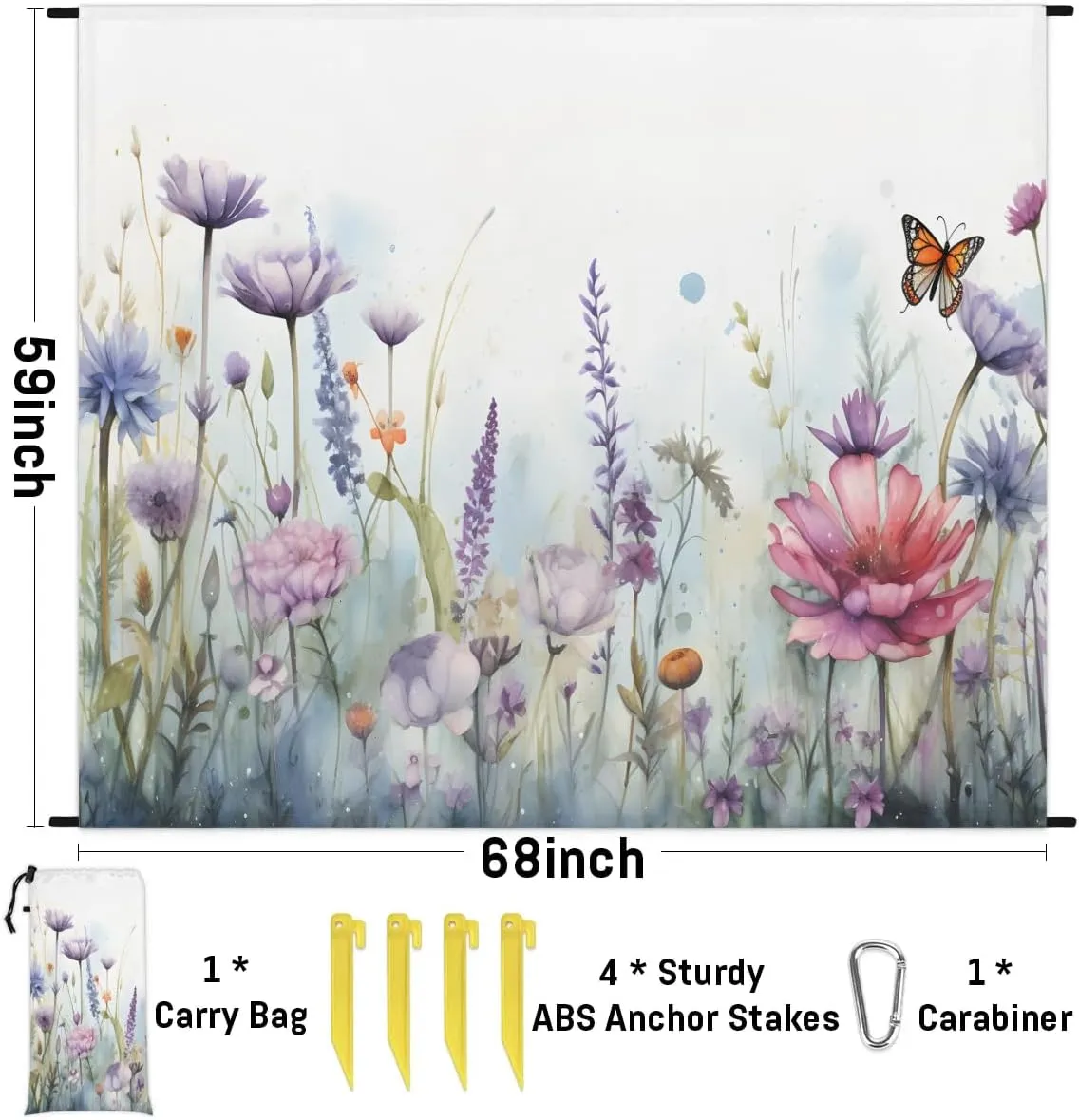 Spring Summer Beach Blanket, Sandproof Beach Mat, 68 x 59 Waterproof Quick Drying Sand Free Mat with 4 x Ground Spikes for Outdoor Travel Camping Hiking, Wildflowers Bloom Flowers