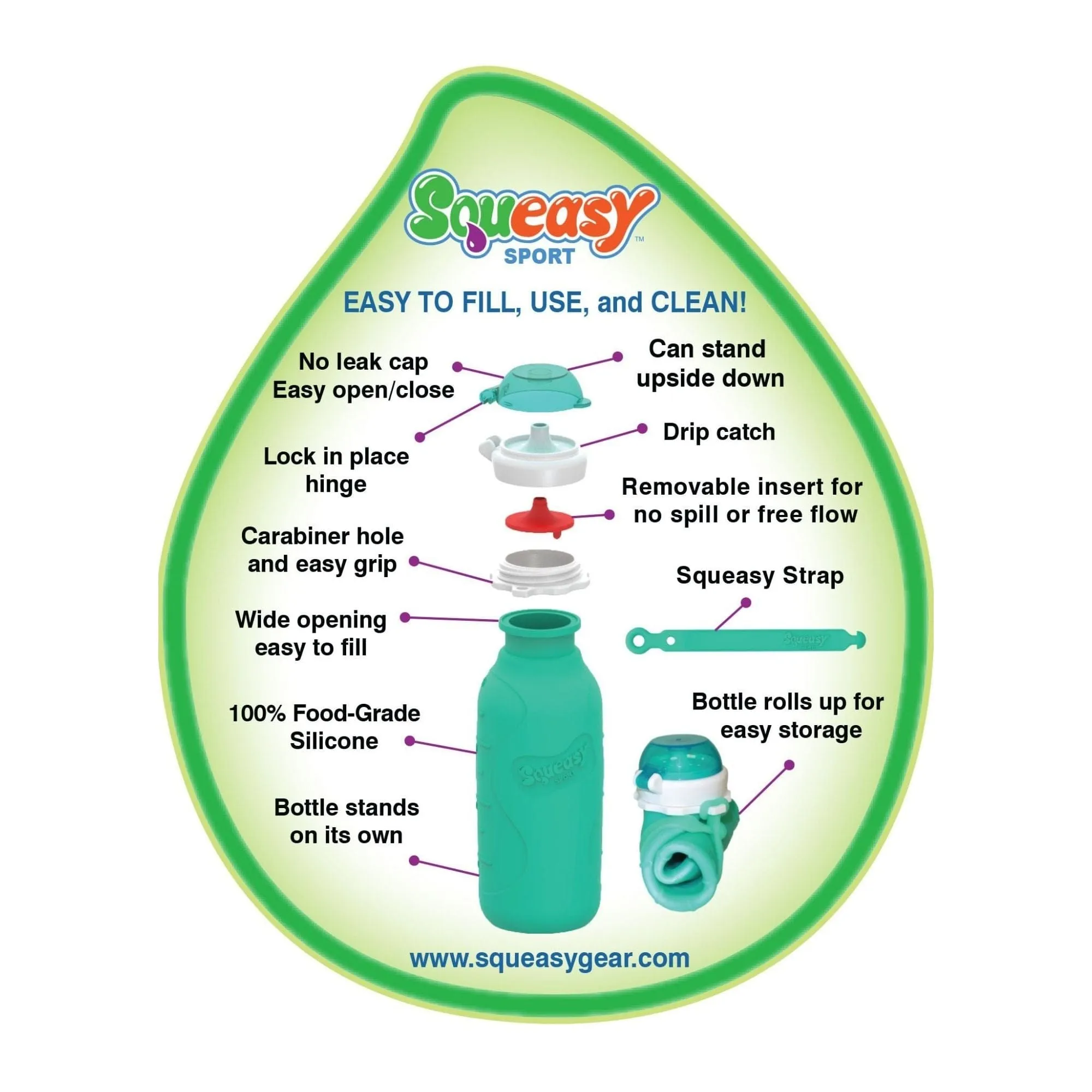 Squeasy Sport Silicone Reusable Collapsible Bottle 480ml