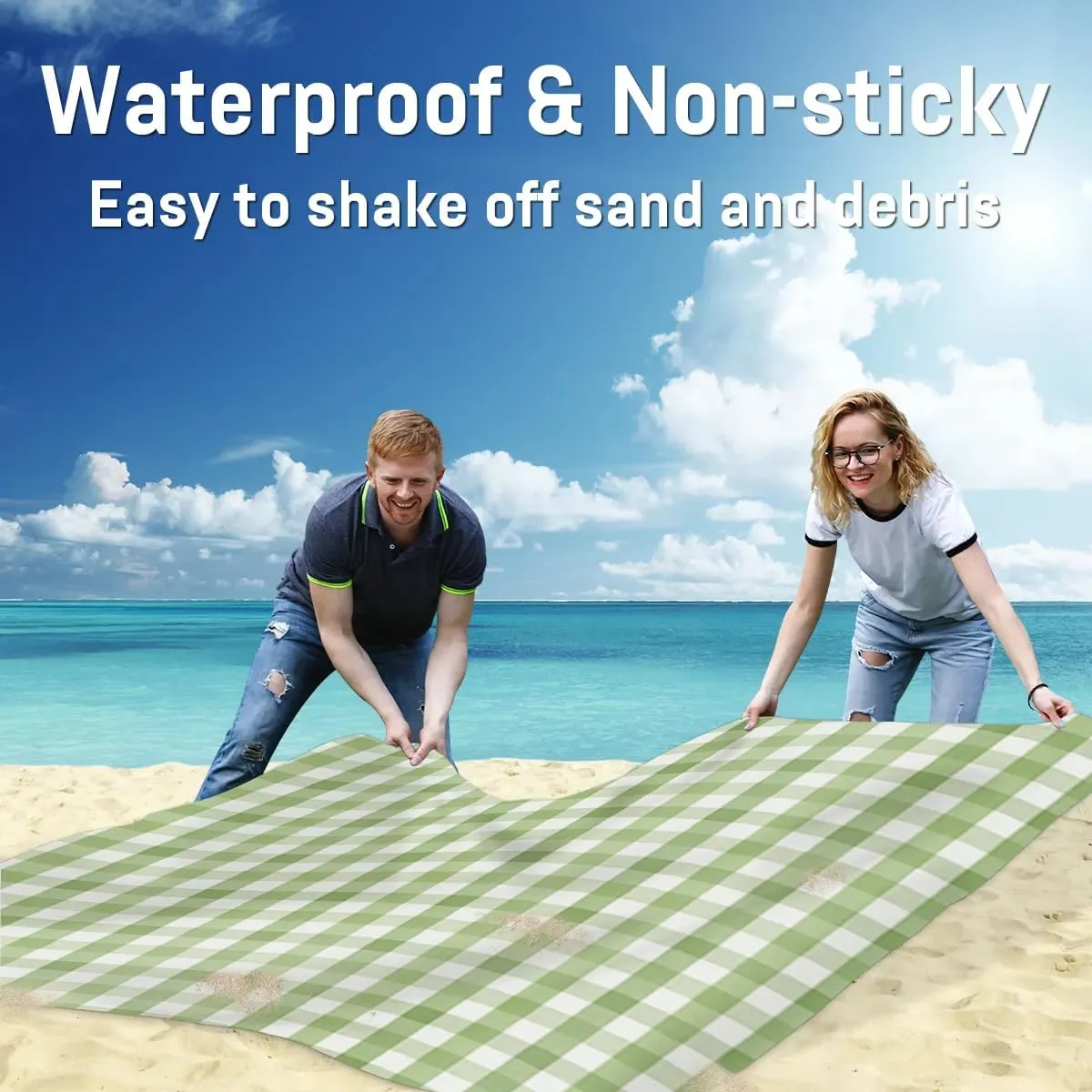 St. Patrick's Day Beach Blanket, Sandproof Beach Mat, 68 x 59 Waterproof Quick Drying Sand Free Mat with 4 x Ground Spikes for Outdoor Travel Camping Hiking, Green Plaid