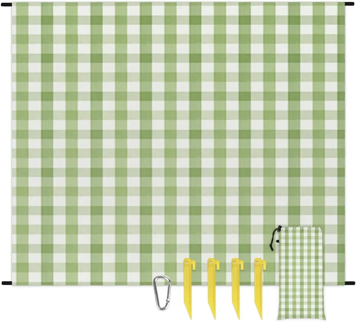 St. Patrick's Day Beach Blanket, Sandproof Beach Mat, 68 x 59 Waterproof Quick Drying Sand Free Mat with 4 x Ground Spikes for Outdoor Travel Camping Hiking, Green Plaid