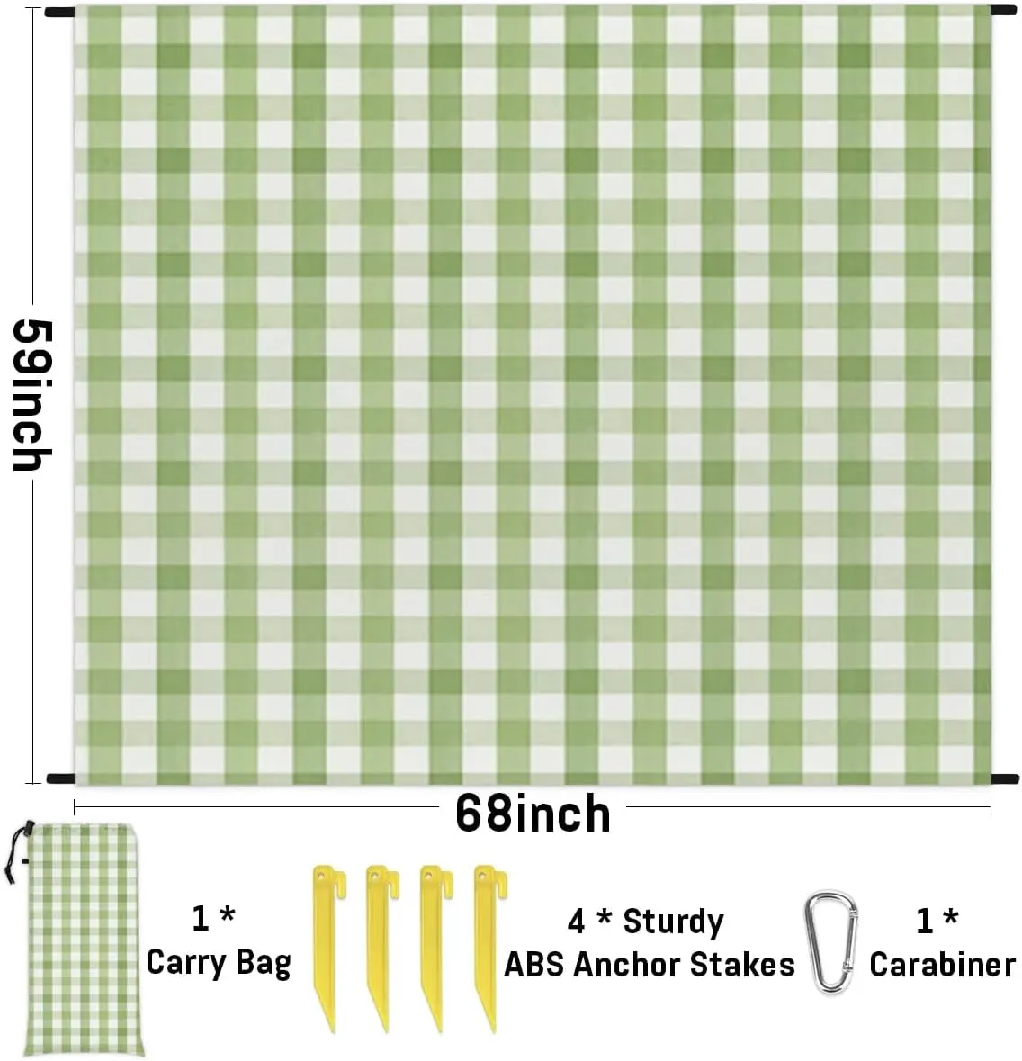 St. Patrick's Day Beach Blanket, Sandproof Beach Mat, 68 x 59 Waterproof Quick Drying Sand Free Mat with 4 x Ground Spikes for Outdoor Travel Camping Hiking, Green Plaid
