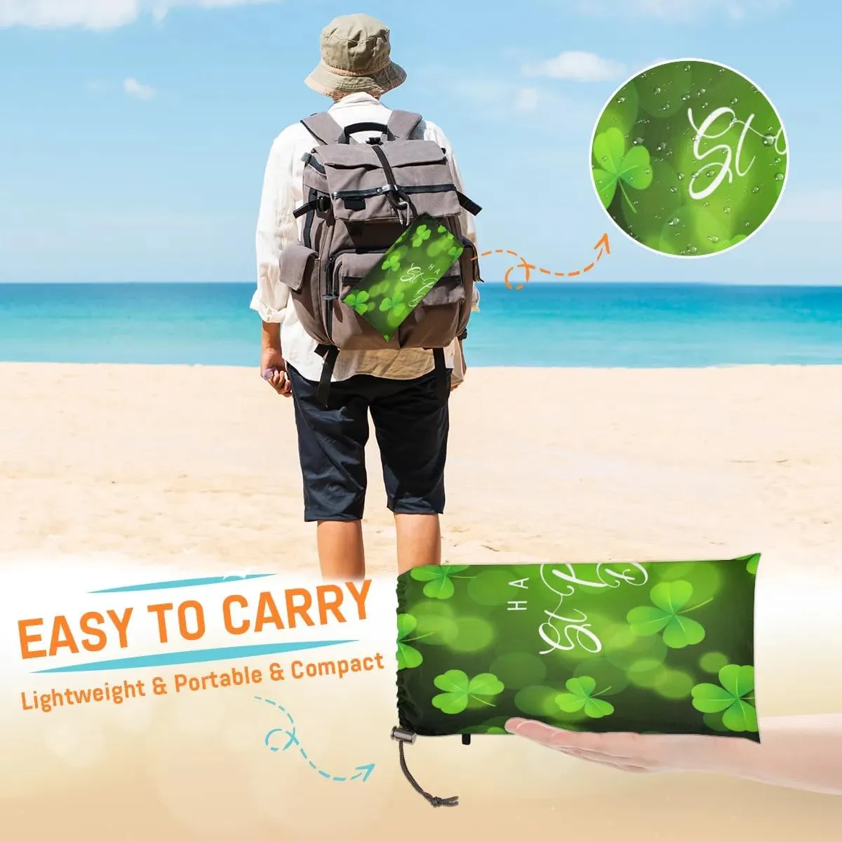 St Patricks Day Beach Blanket, Sandproof Beach Mat, 68 x 59 Waterproof Quick Drying Sand Free Mat with 4 x Ground Spikes for Outdoor Travel Camping Hiking, Green Shamrock