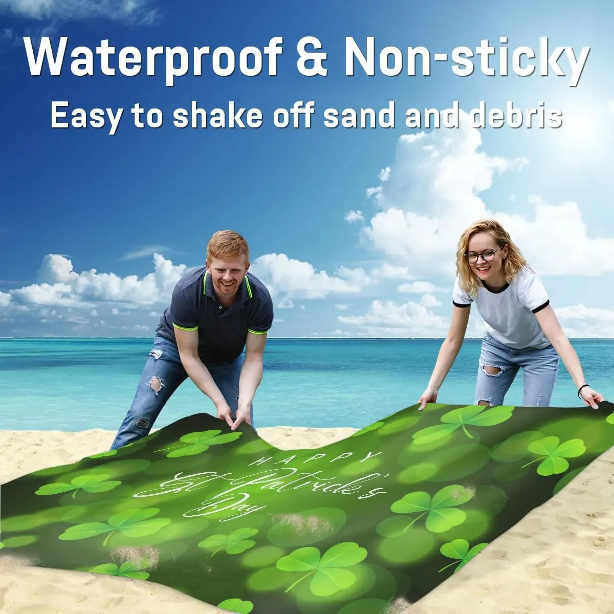 St Patricks Day Beach Blanket, Sandproof Beach Mat, 68 x 59 Waterproof Quick Drying Sand Free Mat with 4 x Ground Spikes for Outdoor Travel Camping Hiking, Green Shamrock