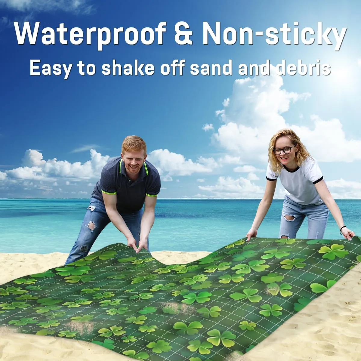 St. Patrick's Day Beach Blanket, Sandproof Beach Mat, Adults Waterproof Quick Drying Sand Free Mat with 4 x Ground Spikes for Outdoor Travel Camping Hiking, Clover Shamrock Buffalo Check