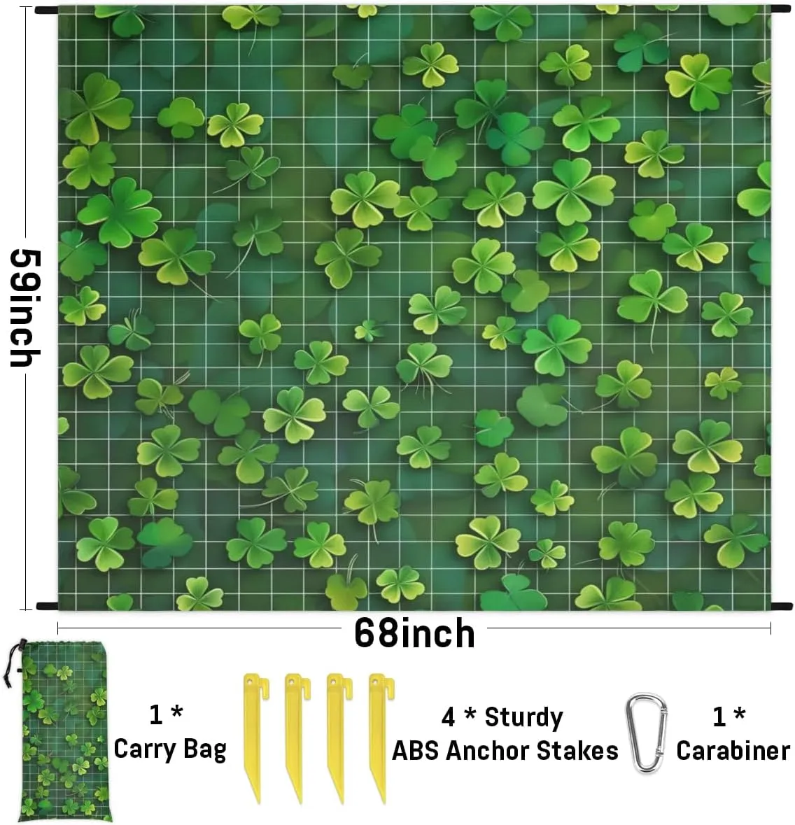 St. Patrick's Day Beach Blanket, Sandproof Beach Mat, Adults Waterproof Quick Drying Sand Free Mat with 4 x Ground Spikes for Outdoor Travel Camping Hiking, Clover Shamrock Buffalo Check