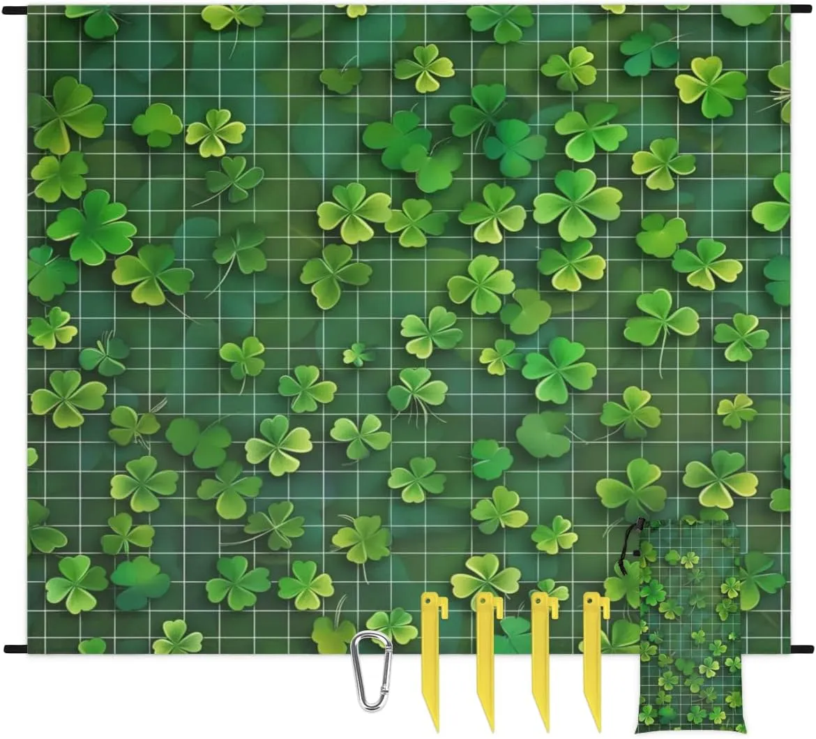St. Patrick's Day Beach Blanket, Sandproof Beach Mat, Adults Waterproof Quick Drying Sand Free Mat with 4 x Ground Spikes for Outdoor Travel Camping Hiking, Clover Shamrock Buffalo Check