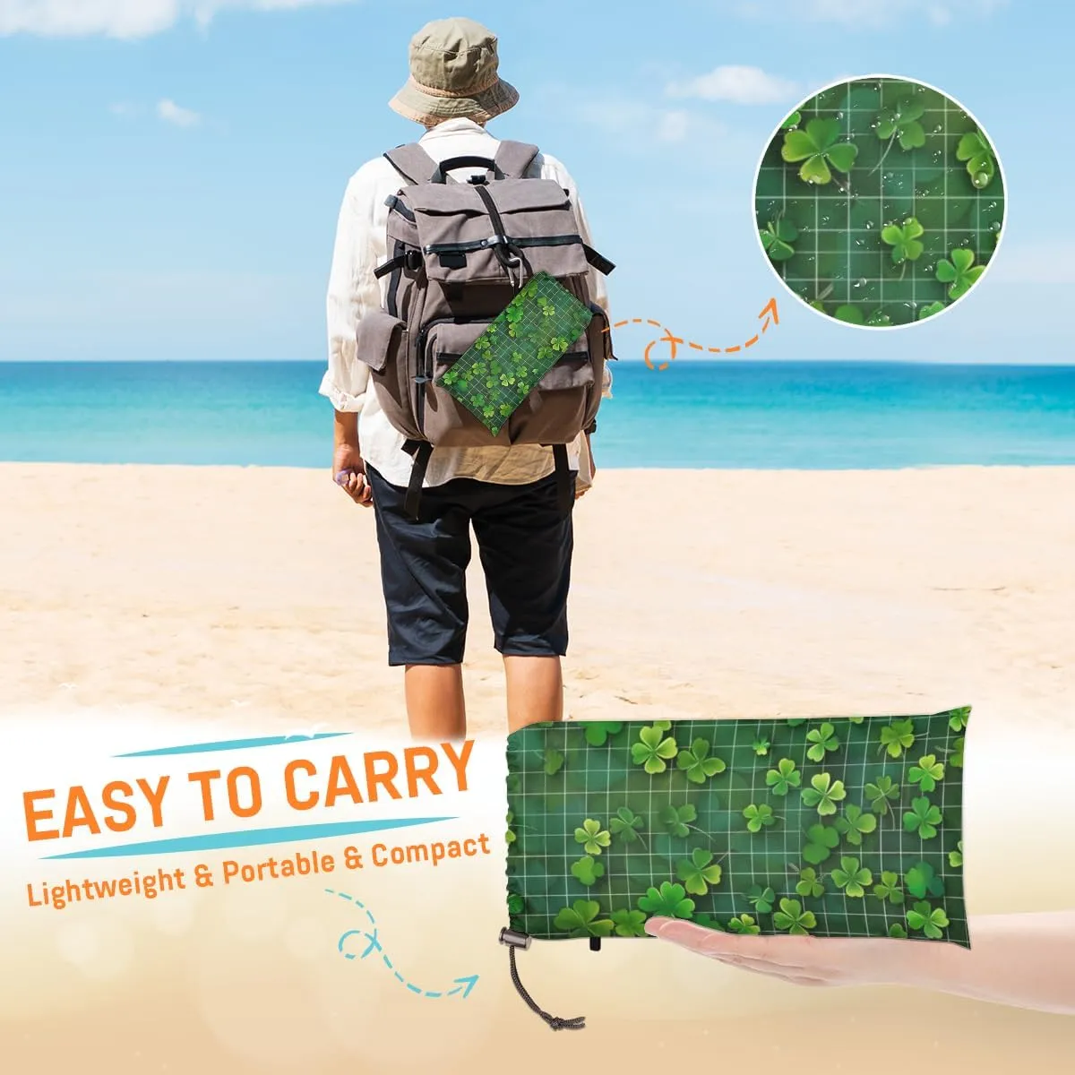St. Patrick's Day Beach Blanket, Sandproof Beach Mat, Adults Waterproof Quick Drying Sand Free Mat with 4 x Ground Spikes for Outdoor Travel Camping Hiking, Clover Shamrock Buffalo Check