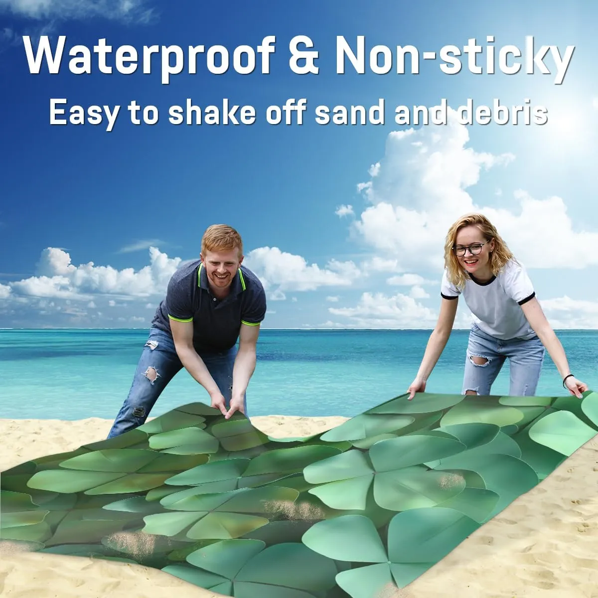 St. Patrick's Day Beach Blanket, Sandproof Beach Mat, Adults Waterproof Quick Drying Sand Free Mat with 4 x Ground Spikes for Outdoor Travel Camping Hiking, Green Clover