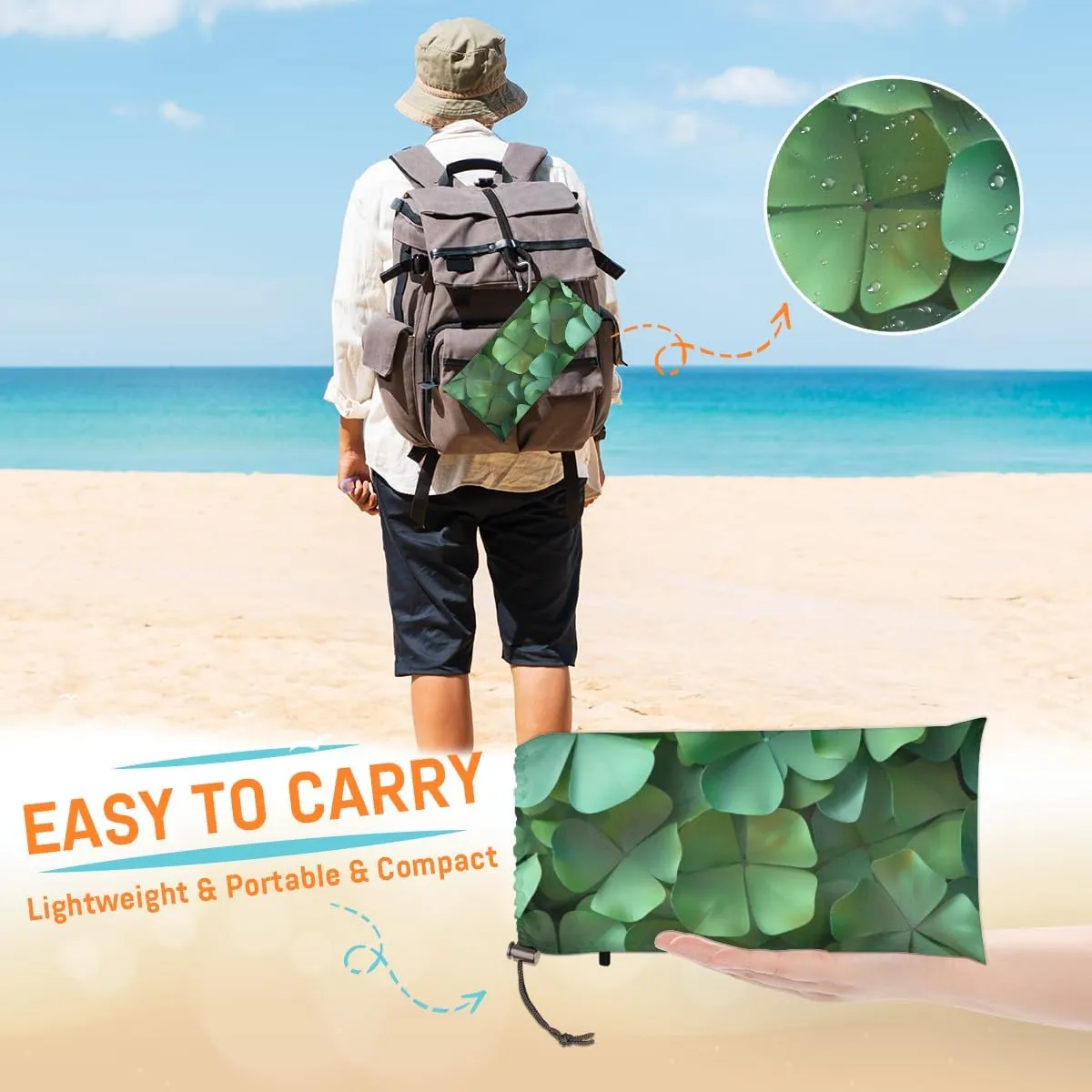 St. Patrick's Day Beach Blanket, Sandproof Beach Mat, Adults Waterproof Quick Drying Sand Free Mat with 4 x Ground Spikes for Outdoor Travel Camping Hiking, Green Clover