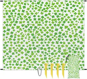 St. Patrick's Day Beach Blanket, Sandproof Beach Mat, Adults Waterproof Quick Drying Sand Free Mat with 4 x Ground Spikes for Outdoor Travel Camping Hiking, Green Shamrock Clover Leaves